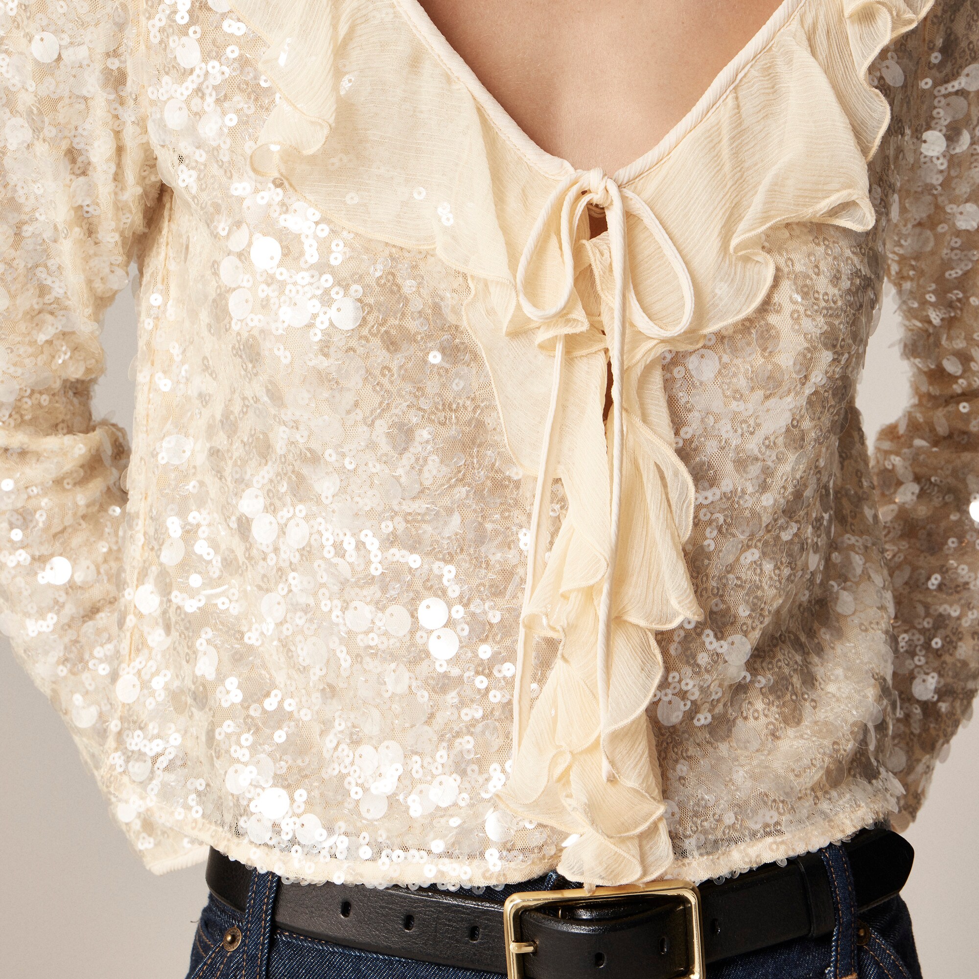 Sequin ruffle-trim shirt with ties