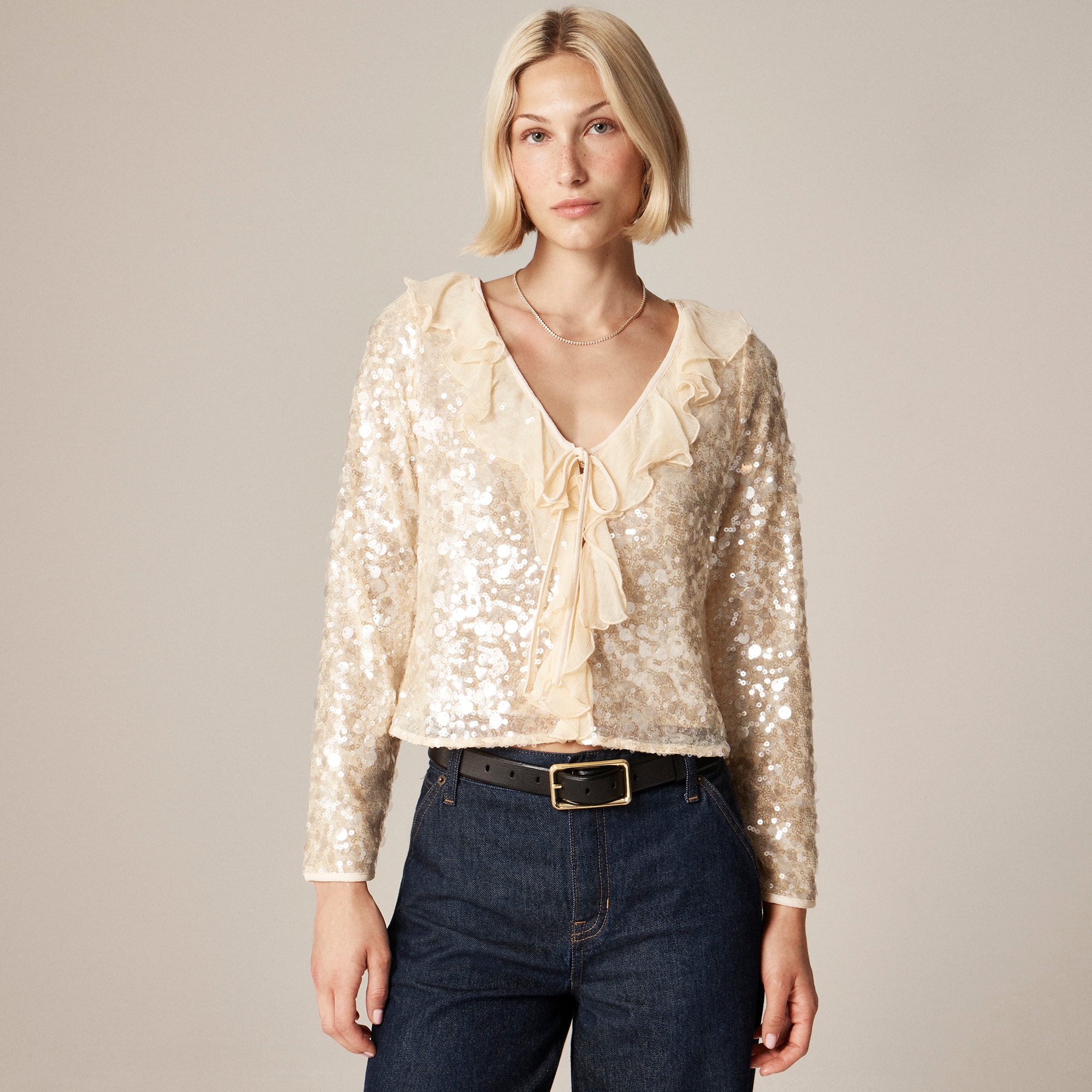 Sequin ruffle-trim shirt with ties