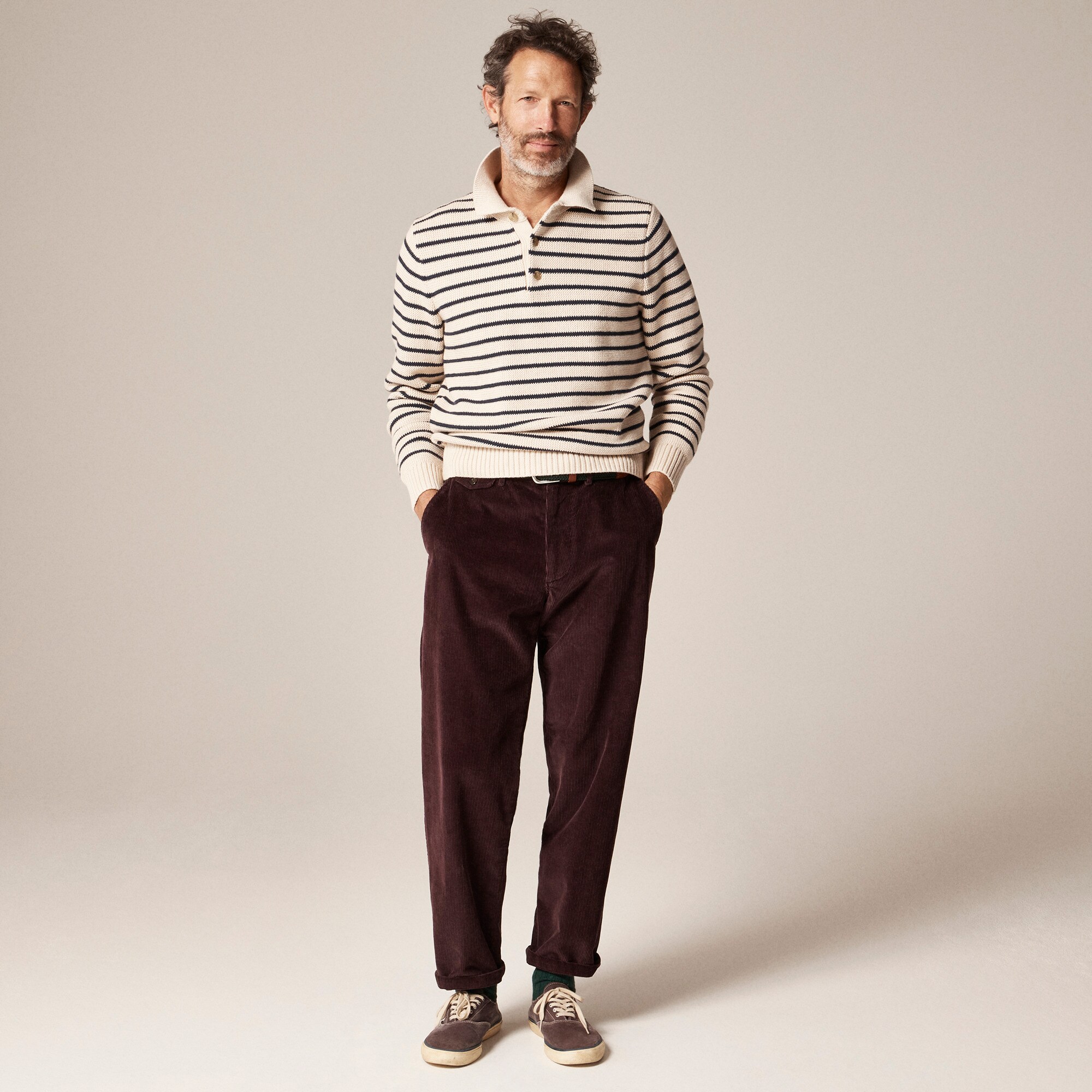 Cotton racking-stitch sweater-polo in stripe