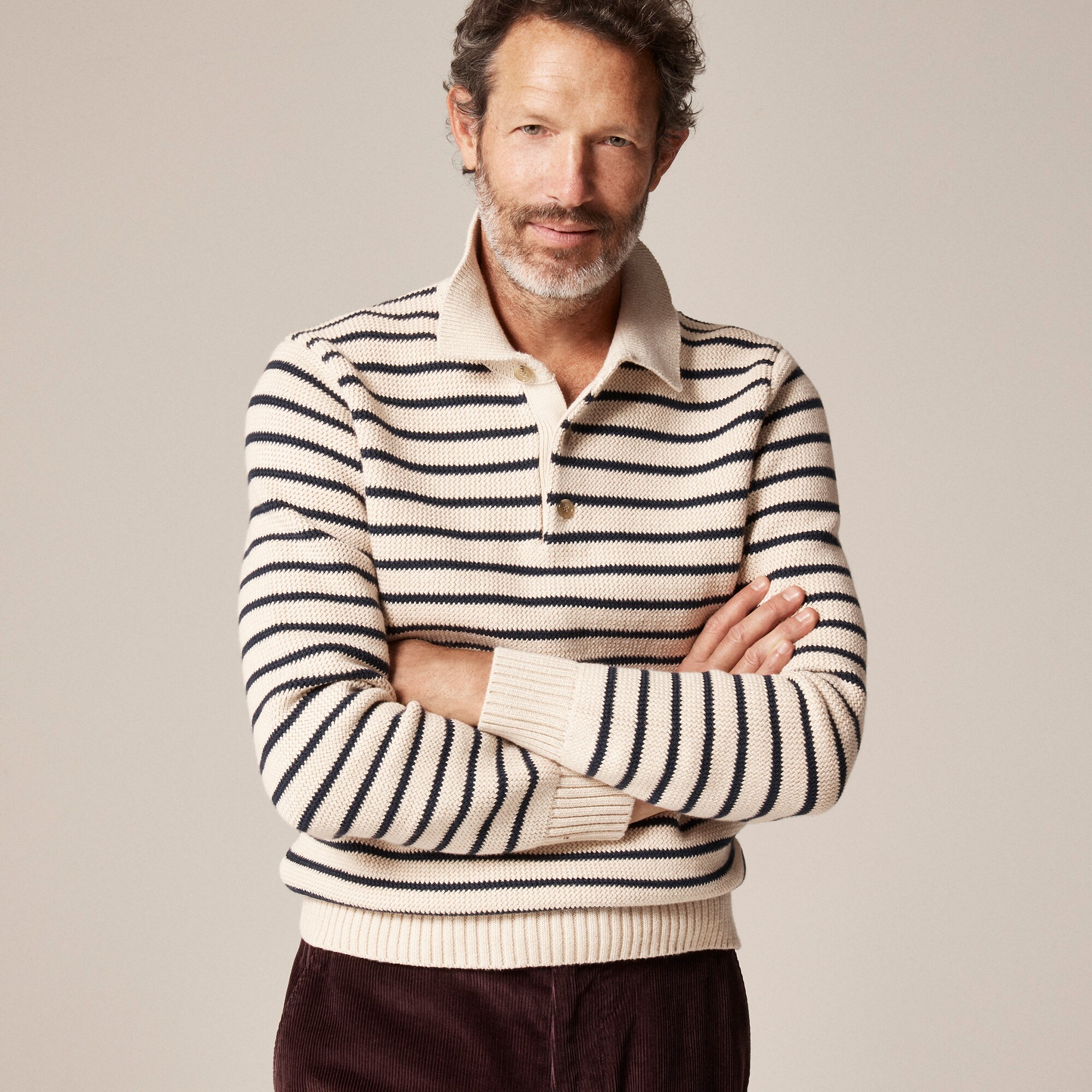 Cotton racking-stitch sweater-polo in stripe