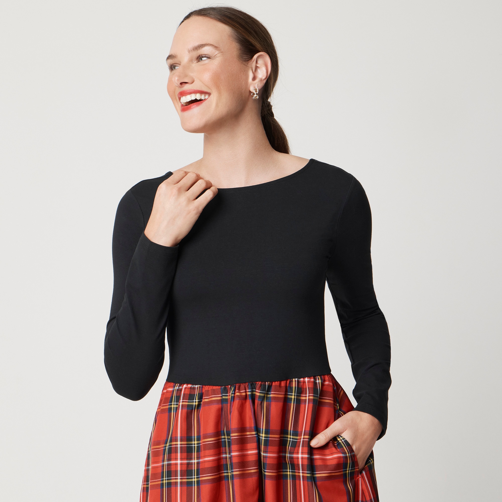 Long-sleeve knit tartan mixy dress