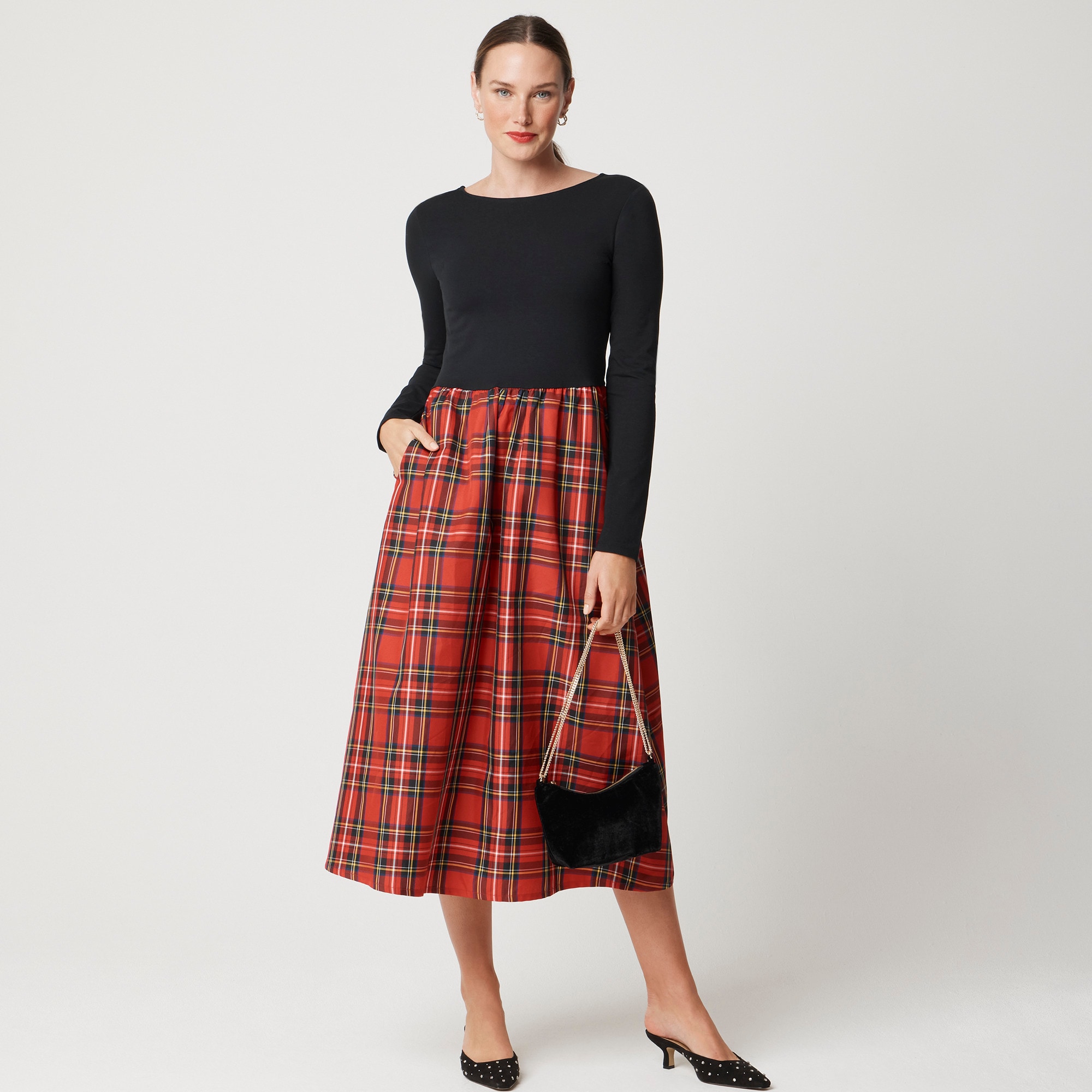  Long-sleeve knit tartan mixy dress