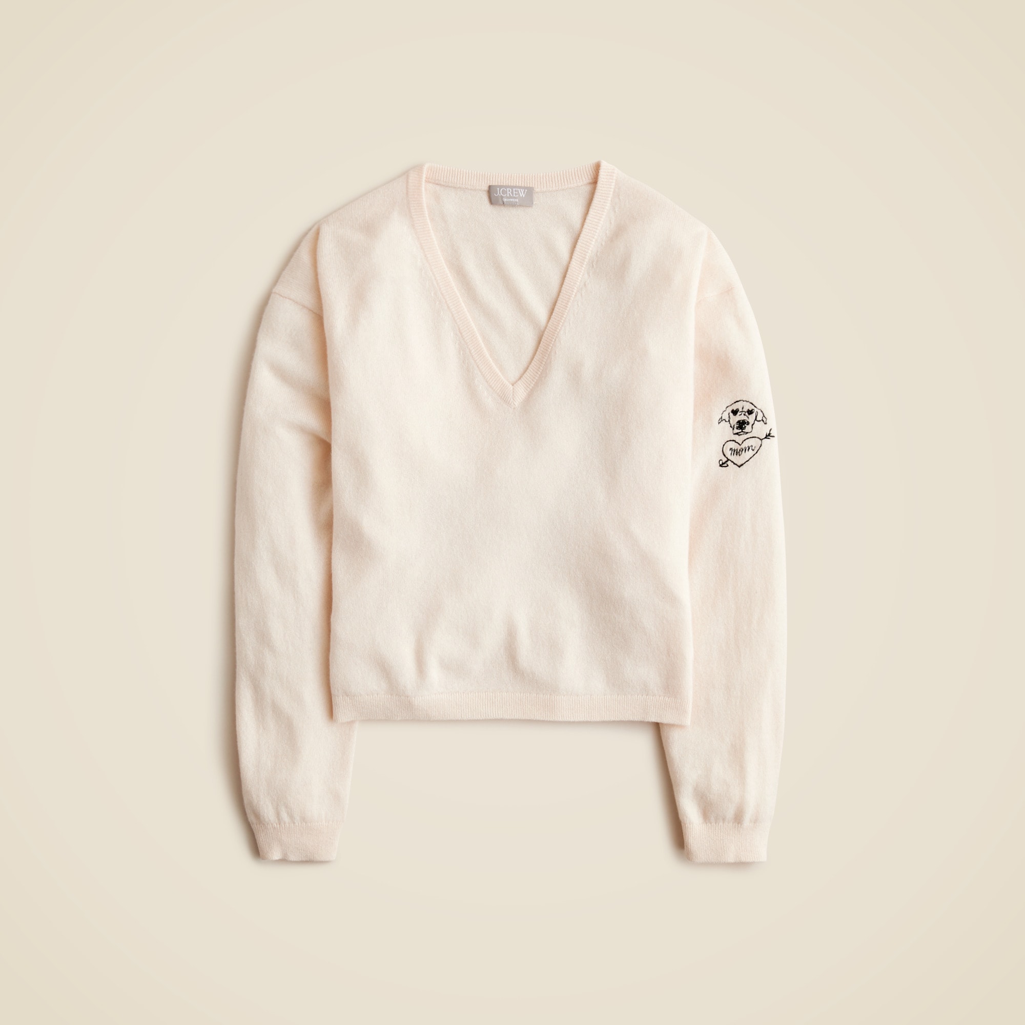 womens Cashmere relaxed cropped V-neck sweater with &quot;Dog Mom&quot; embroidery