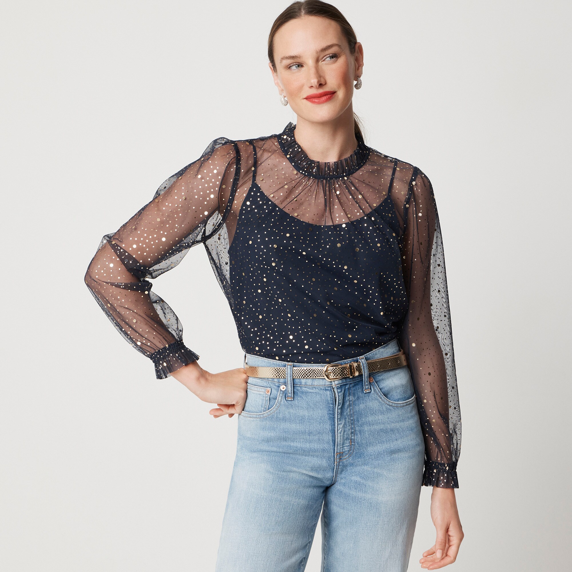 womens Sparkle tulle ruffleneck top