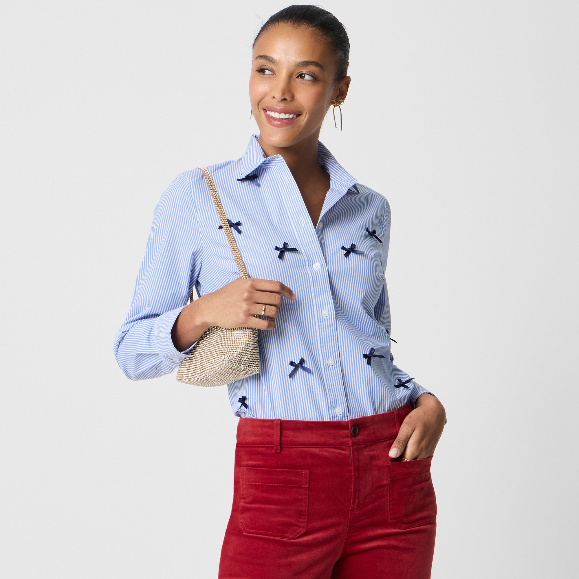 Striped bow button-up shirt