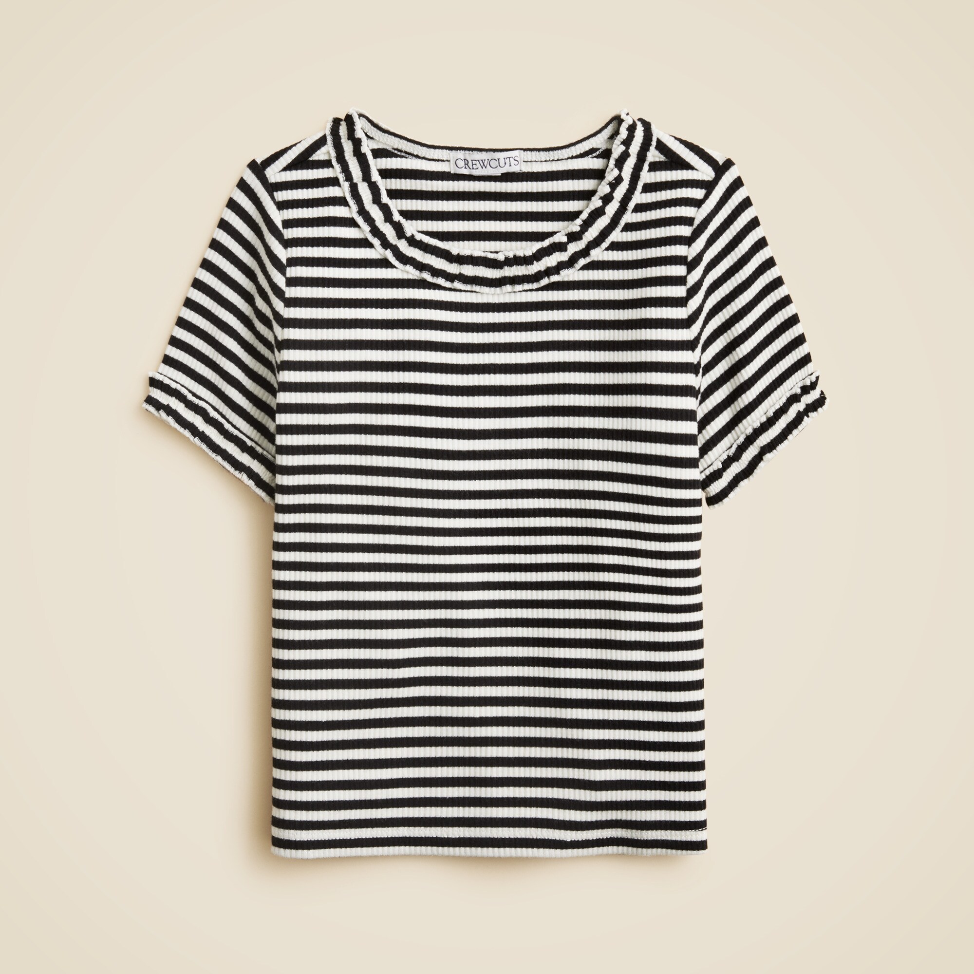 Girls' short-sleeve ruffle-trim T-shirt in striped vintage rib