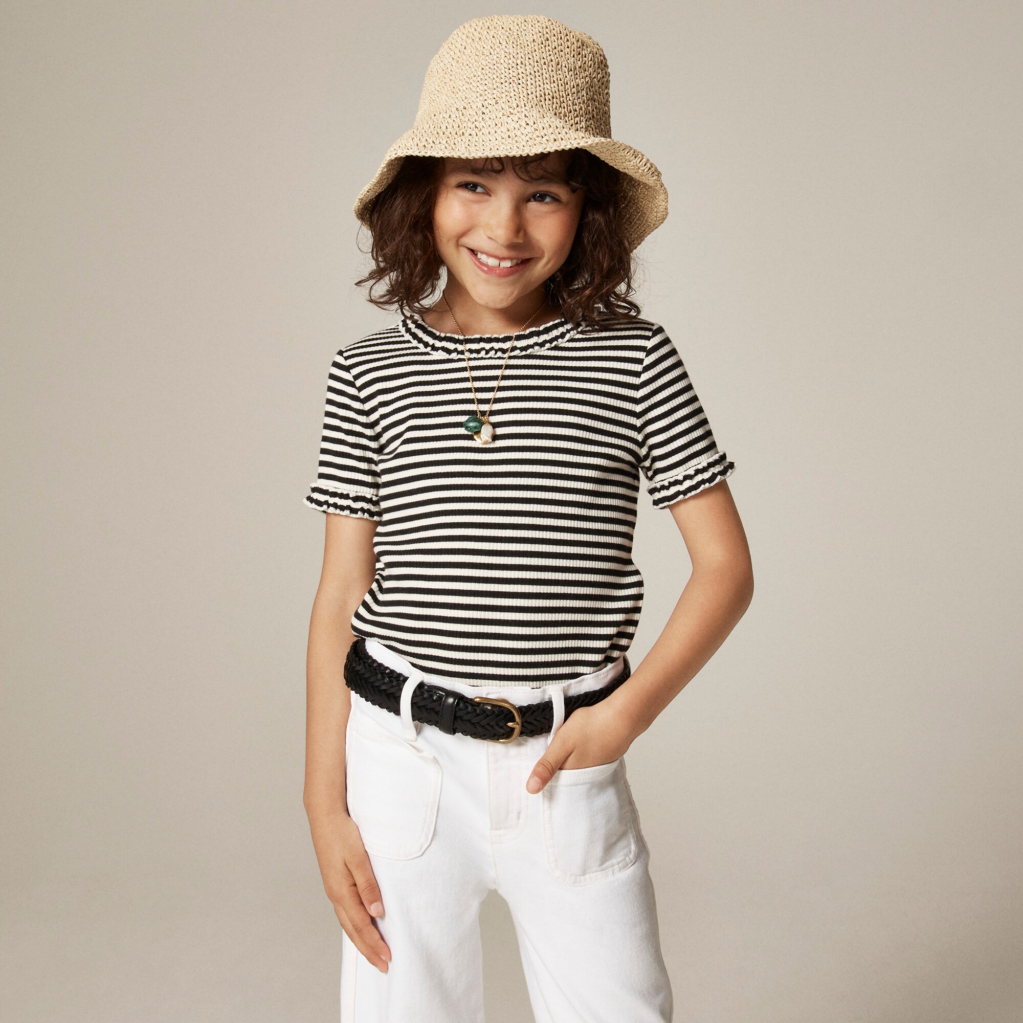 Girls' short-sleeve ruffle-trim T-shirt in striped vintage rib