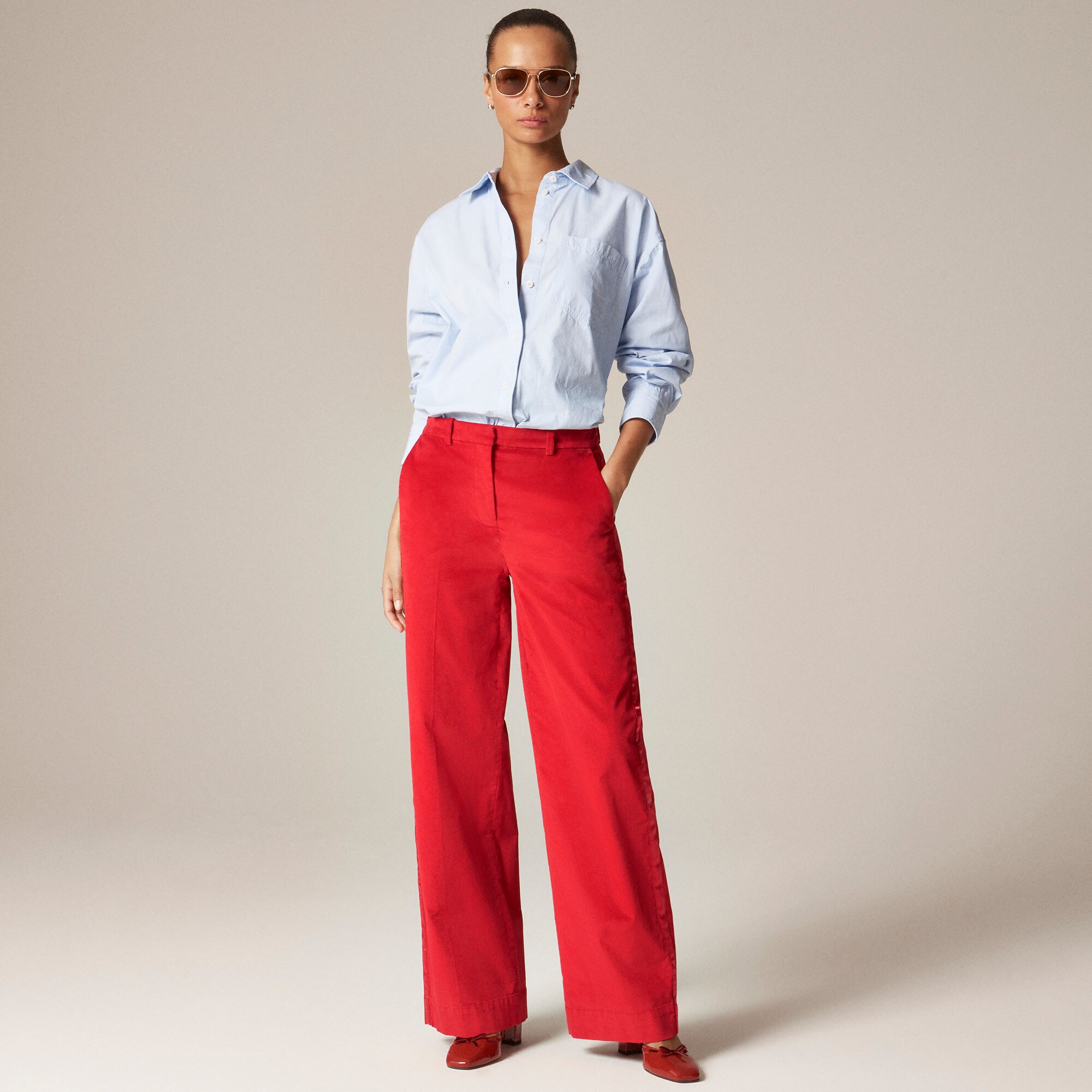 Wide-leg trouser with satin stripe in washed velvet