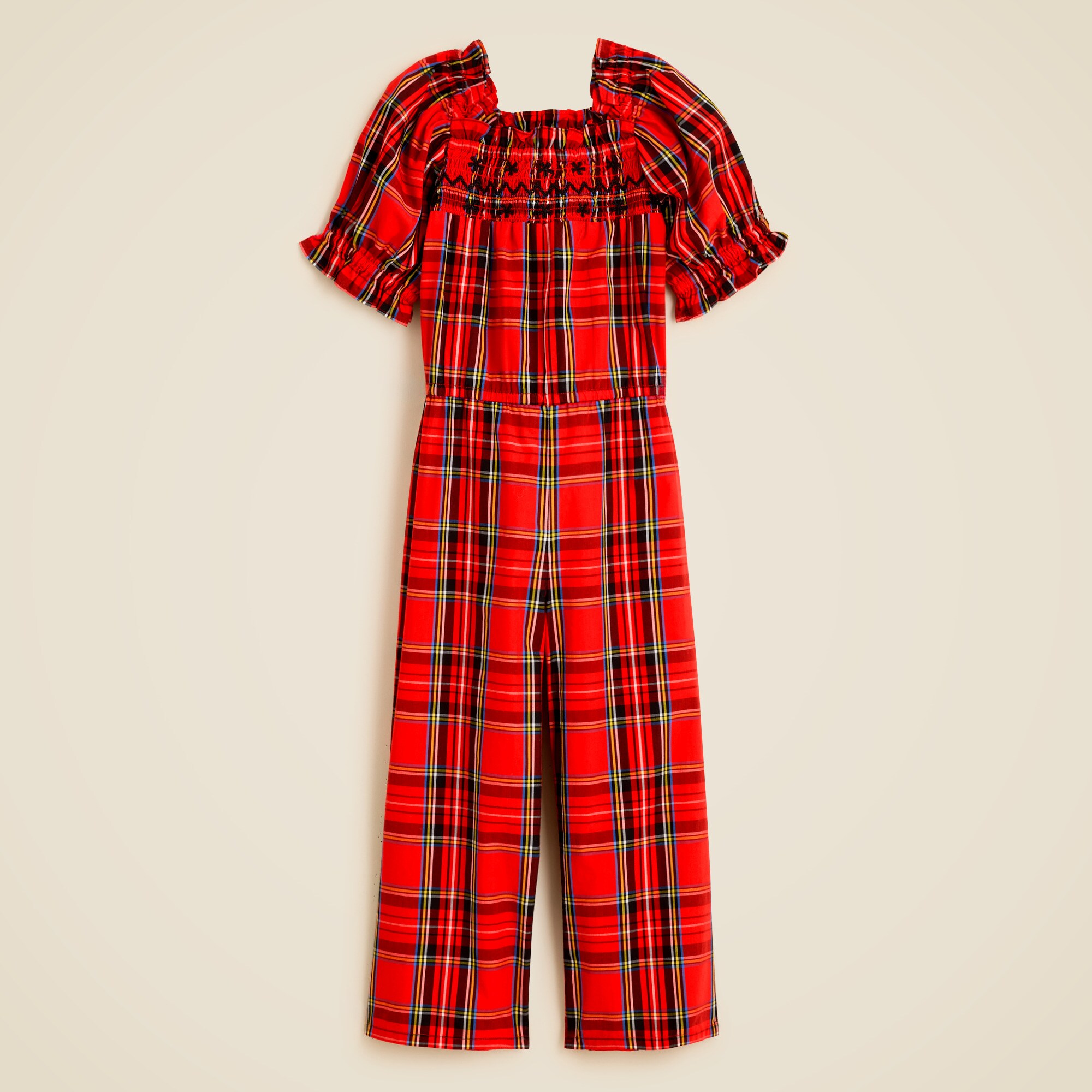  Girls' smocked jumpsuit in Good Tidings plaid