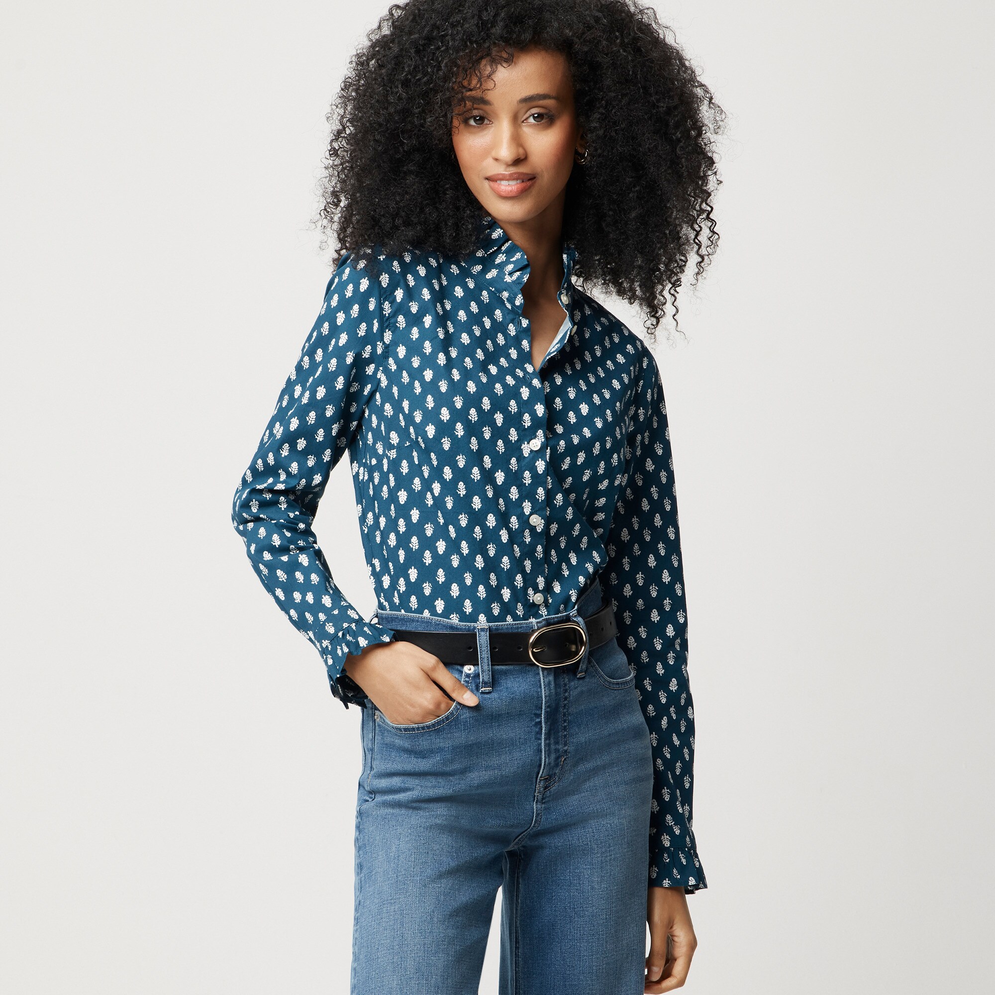  Printed ruffle button-up shirt