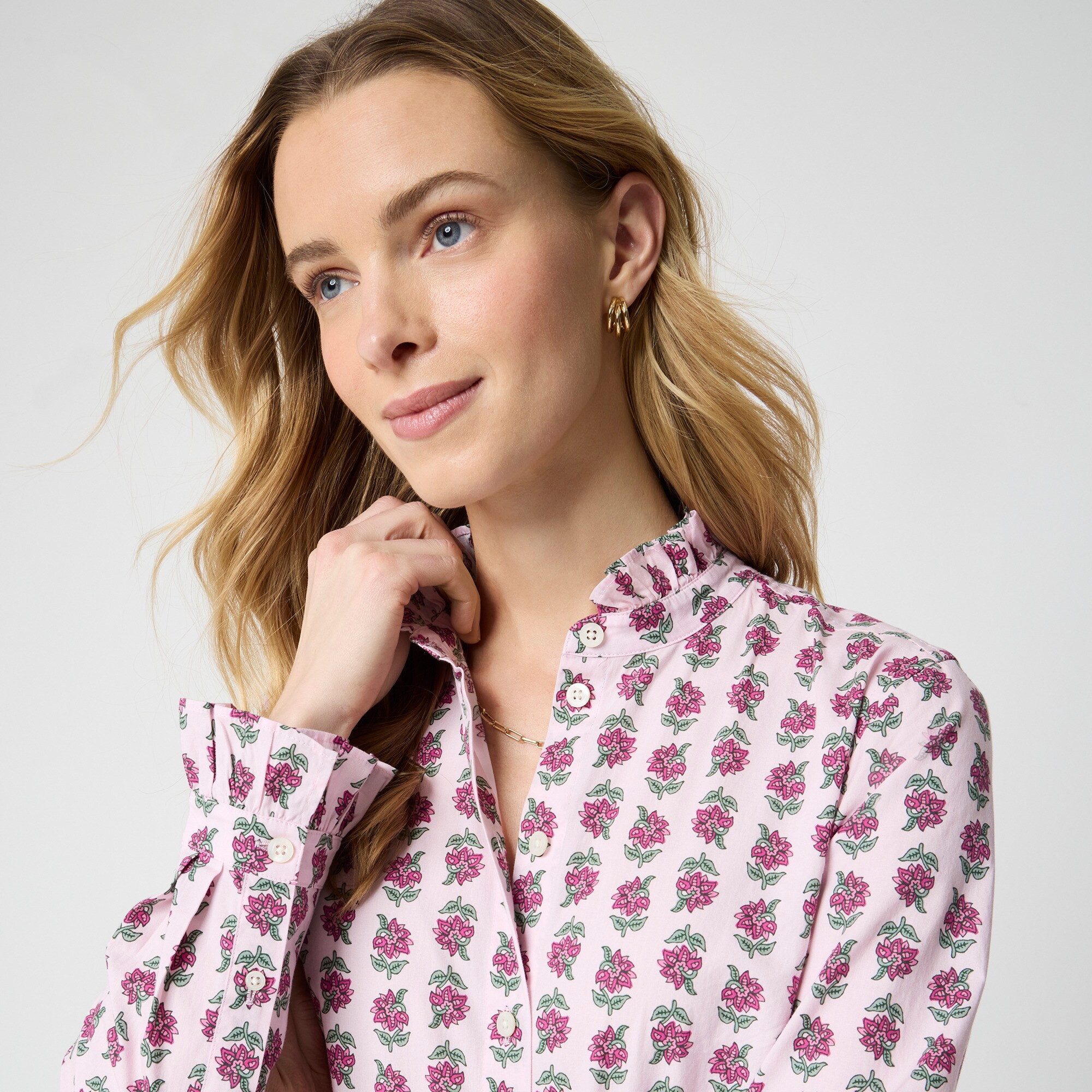 Printed ruffle button-up shirt