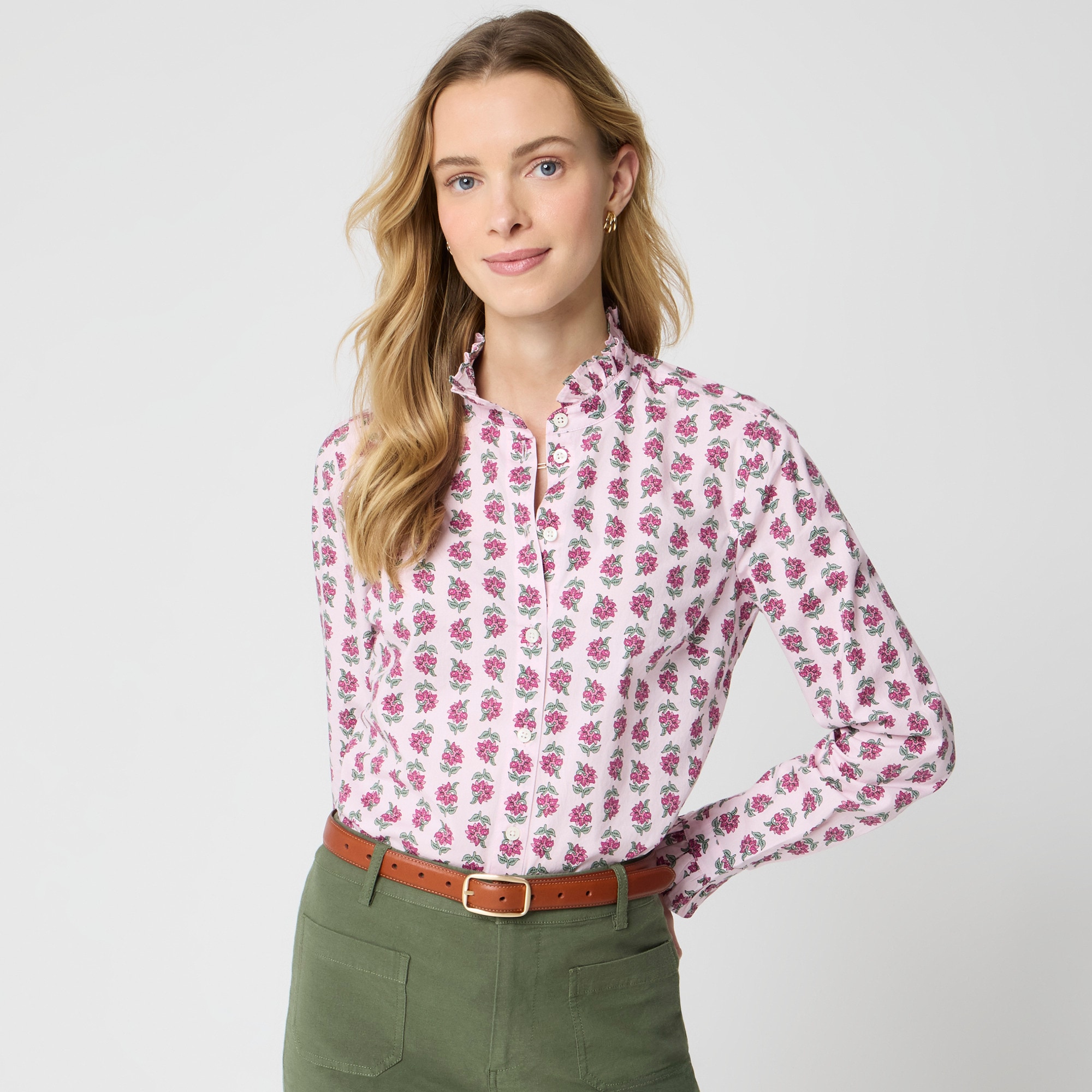 womens Printed ruffle button-up shirt