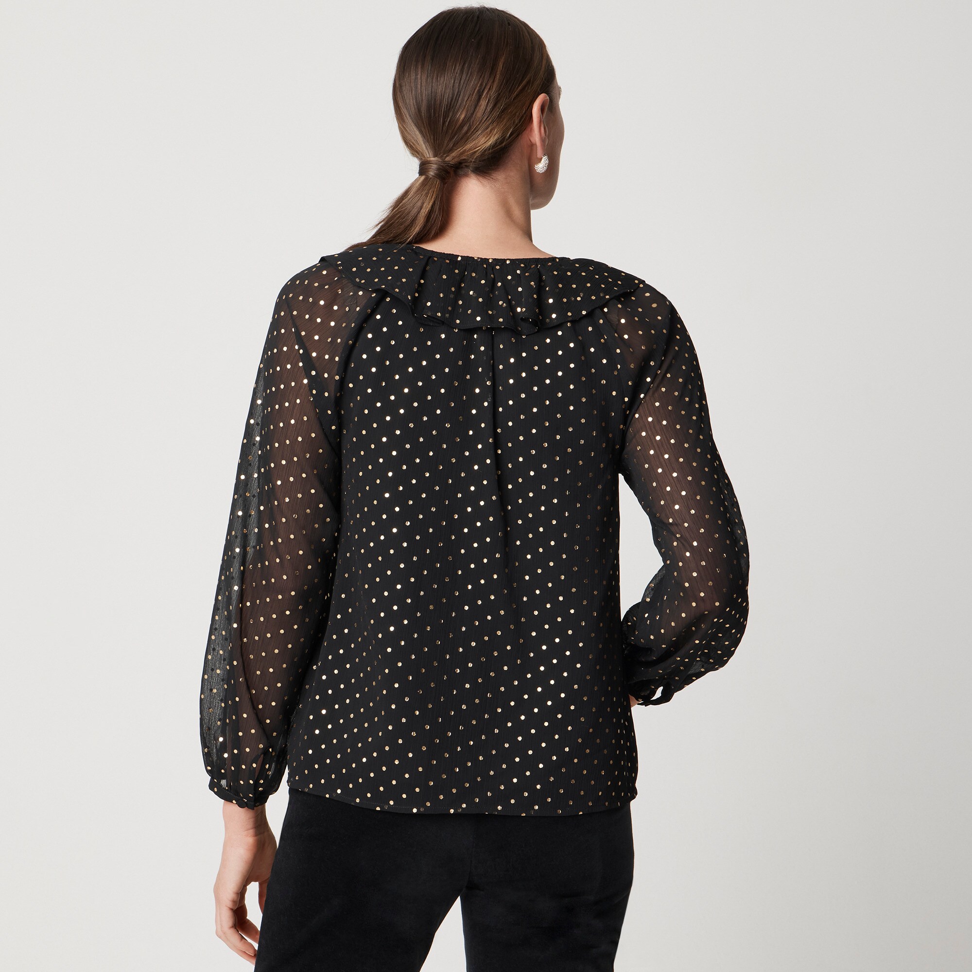 Gold polka-dot ruffle tie-front top