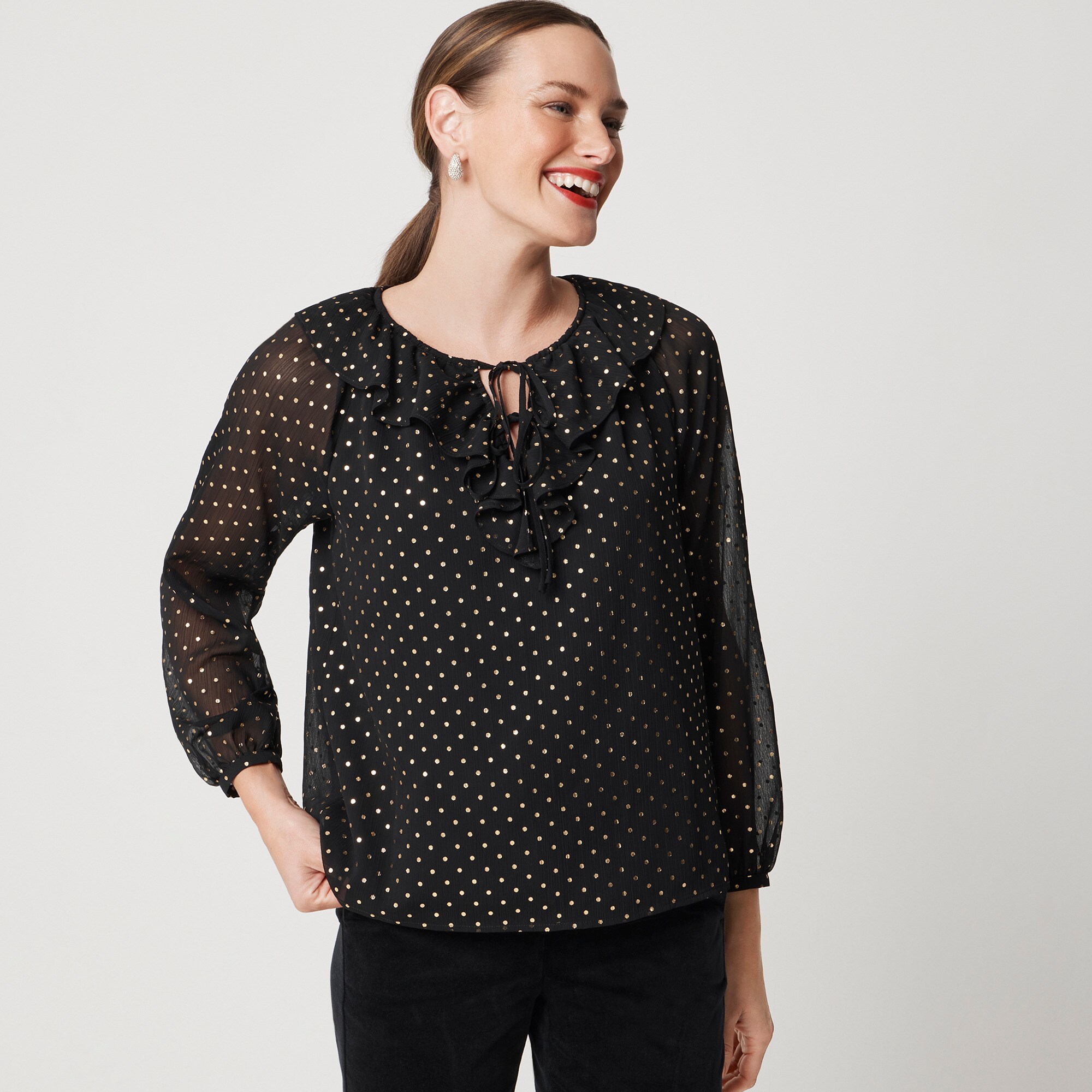 womens Gold polka-dot ruffle tie-front top