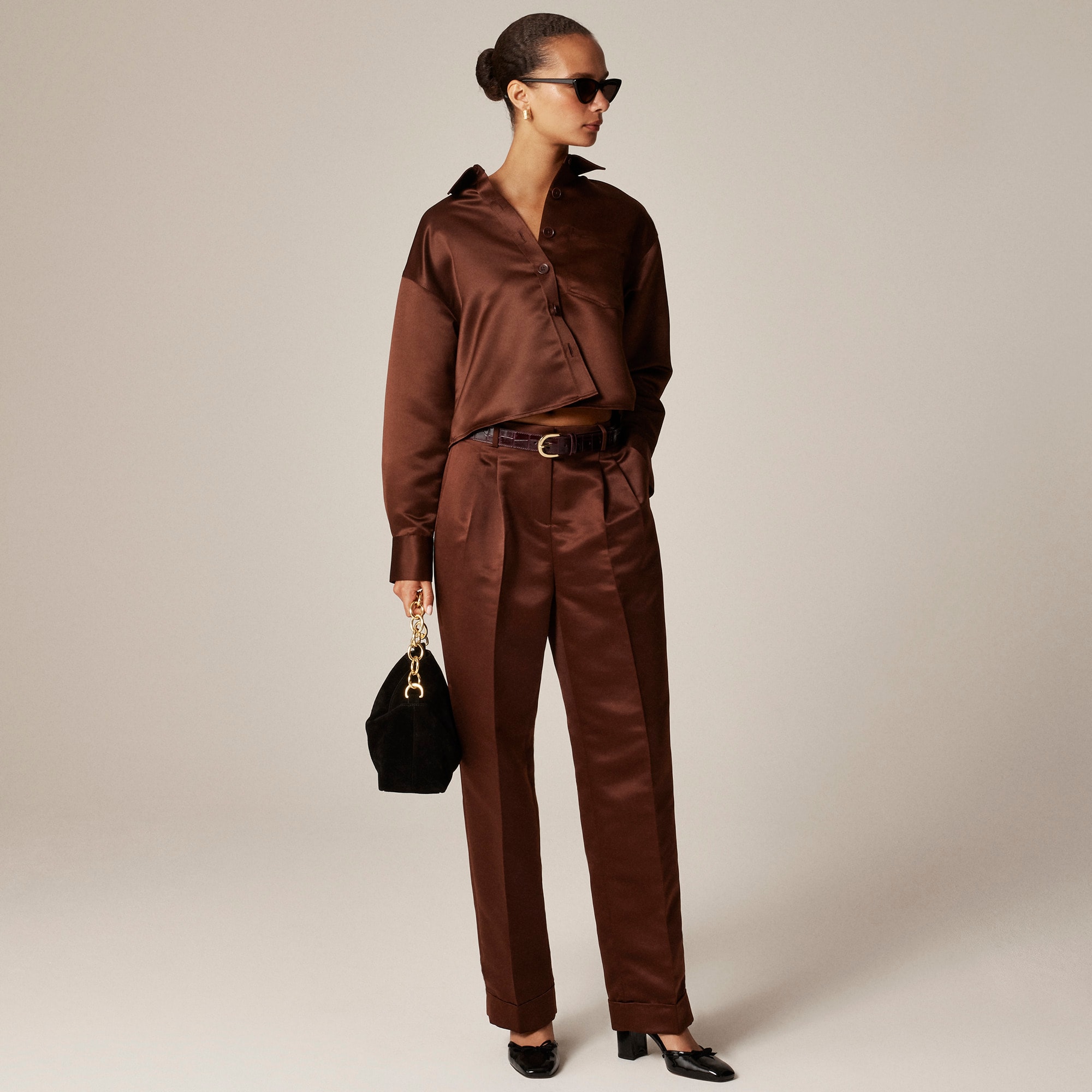 Wide-leg pleated pant in duchesse satin