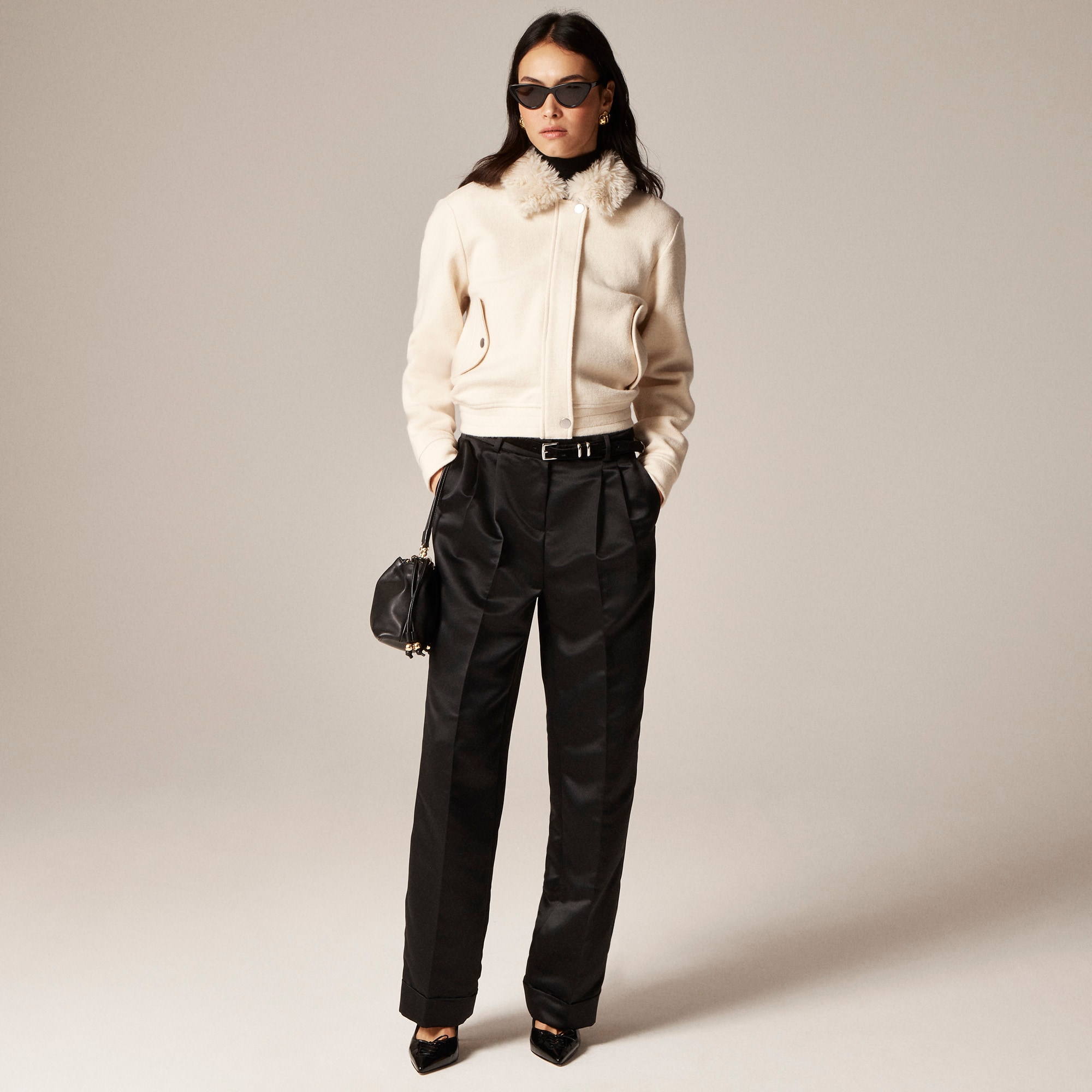 Wool-blend flight jacket with faux-fur collar