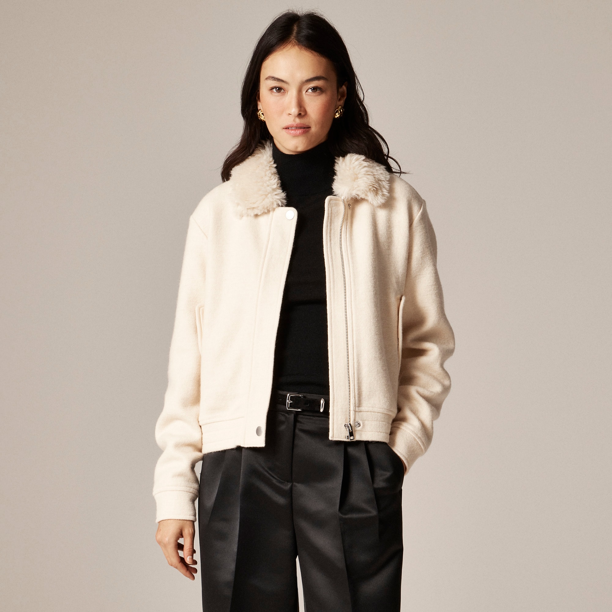 Wool-blend flight jacket with faux-fur collar