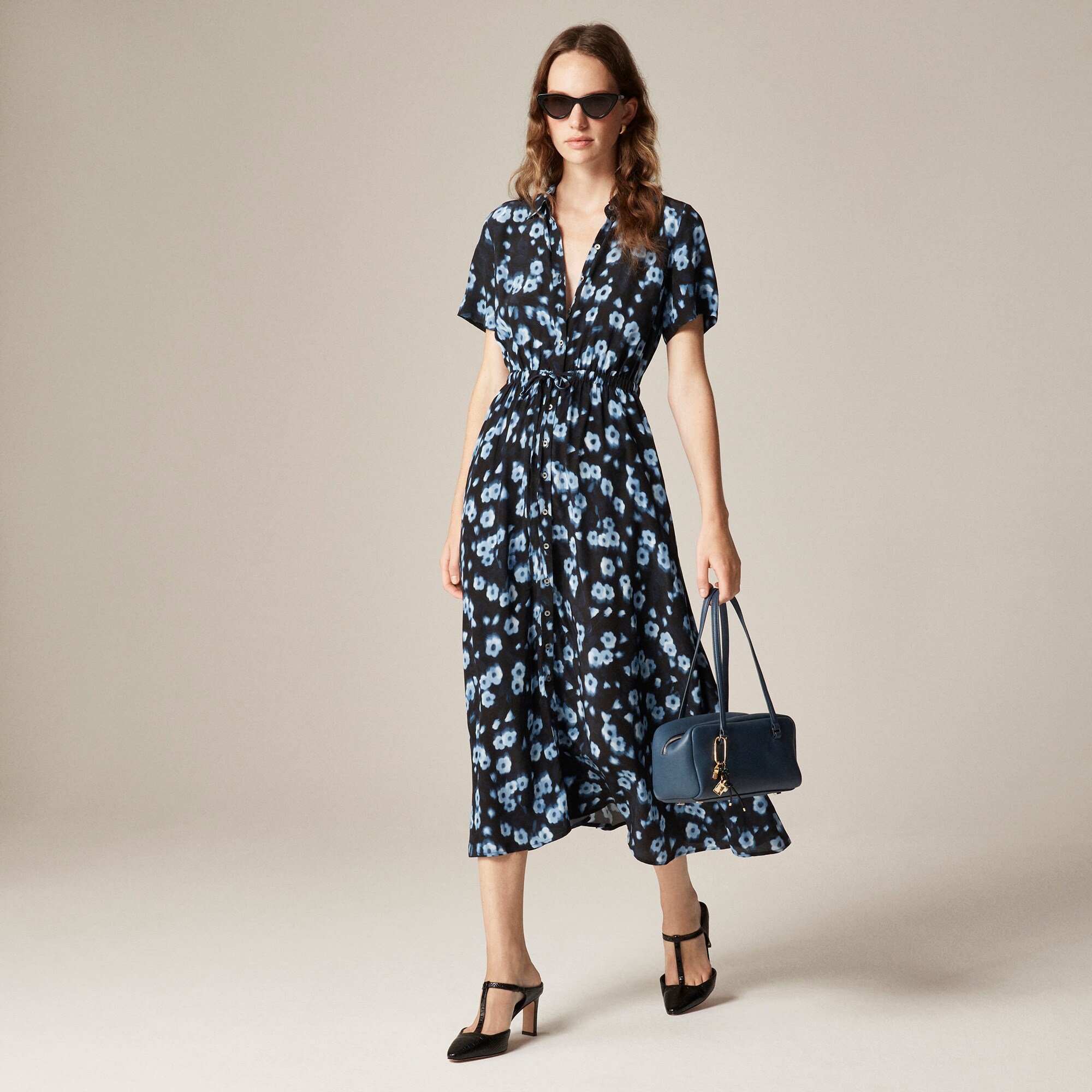 Cerise shirt-dress in blurry floral crepe de chine