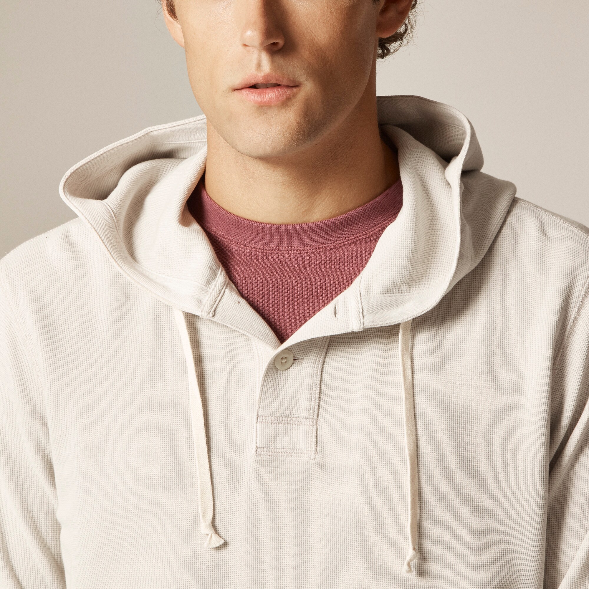 Waffle-knit cotton henley hoodie