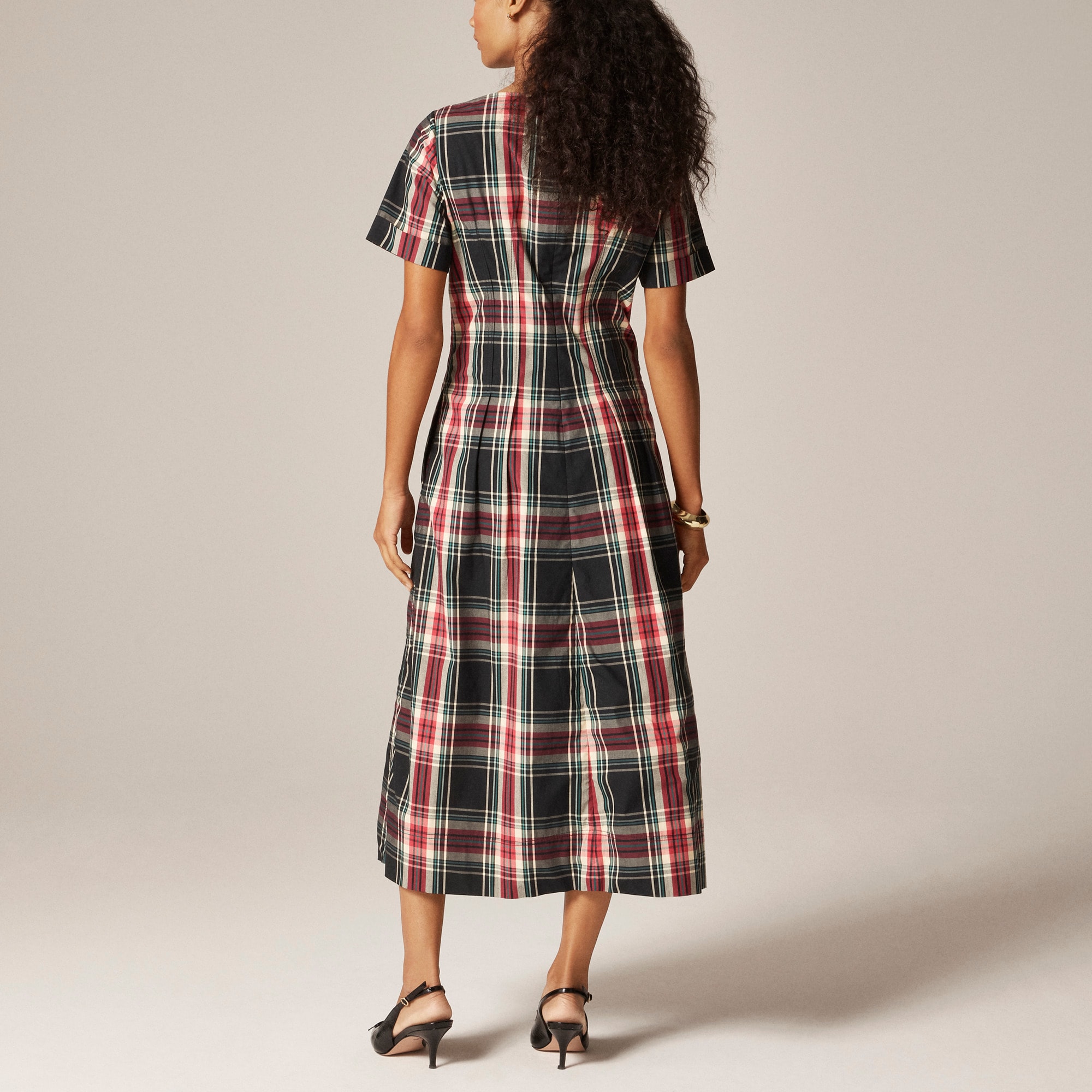 Short-sleeve midi dress in tartan cotton blend