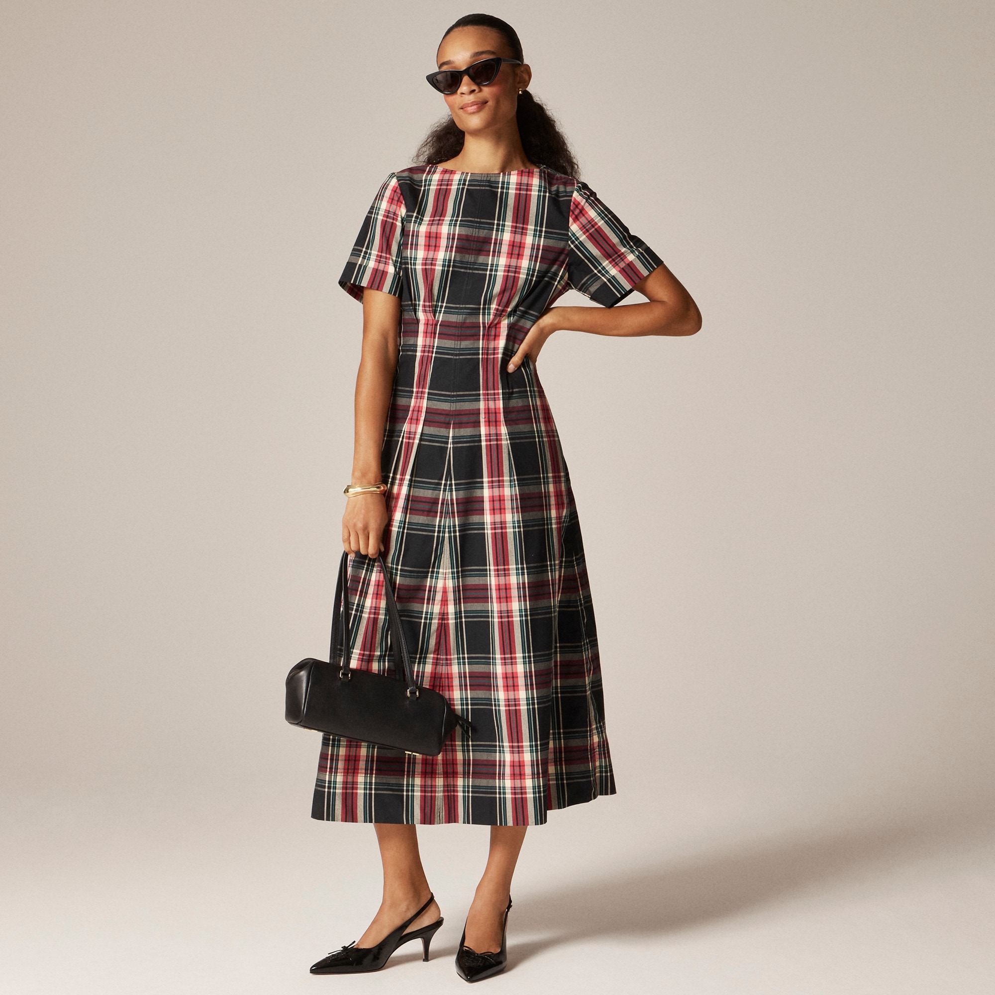 womens Short-sleeve midi dress in tartan cotton blend