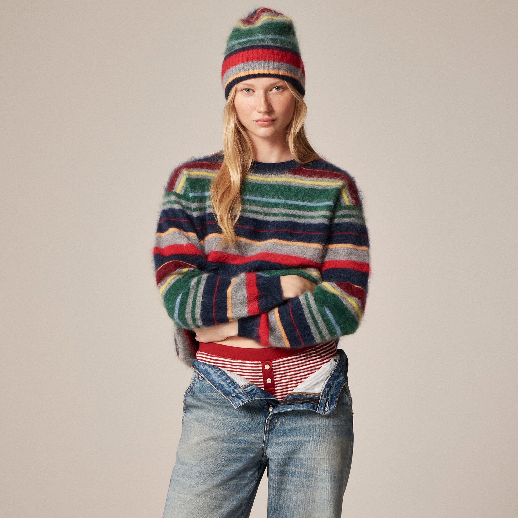 Brushed cashmere beanie in multistripe