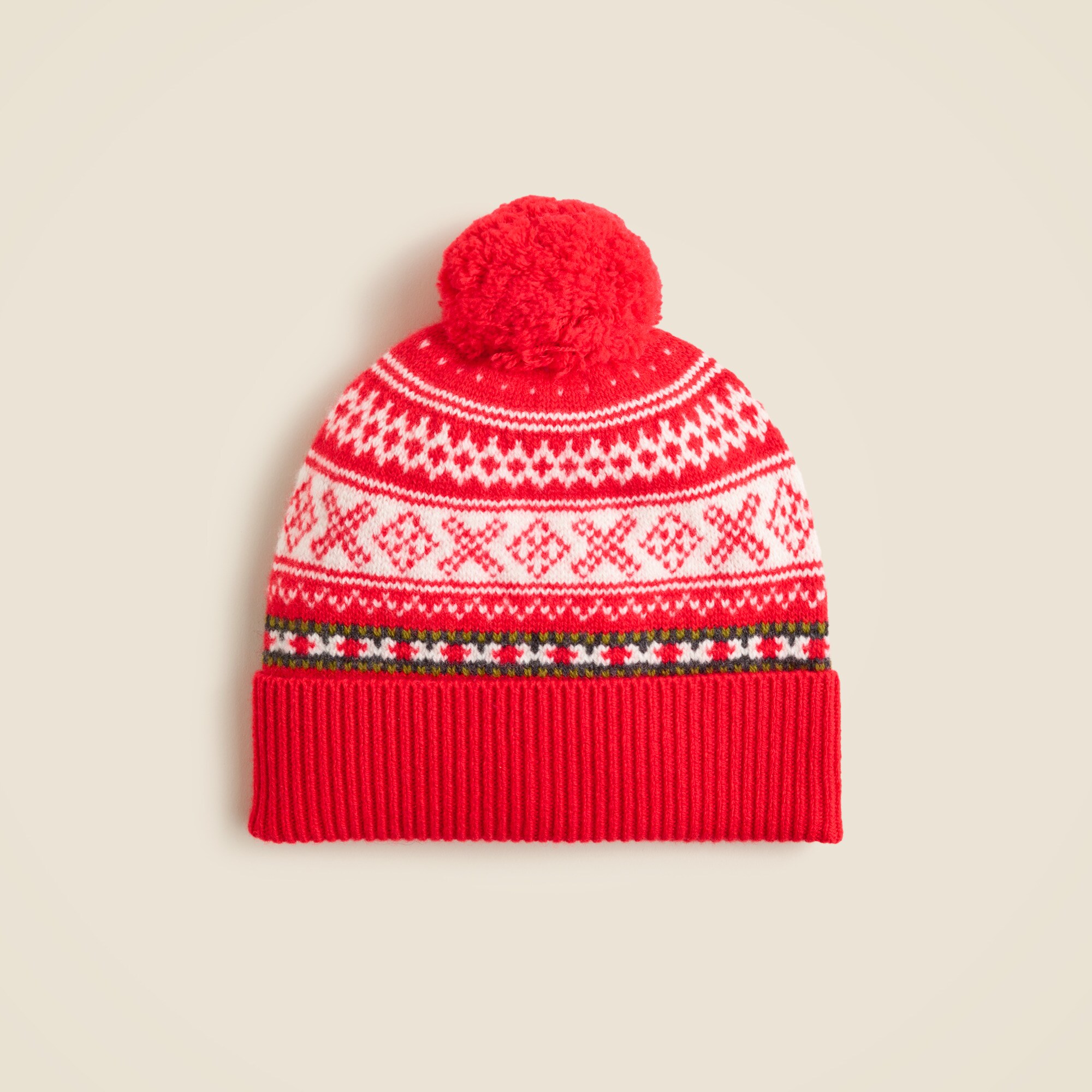 J. Crew Fair Isle Beanie Pink Cream 100% Wool Cuffed Pom Pom Winter Hat Snowcore NEW Girls main image 3