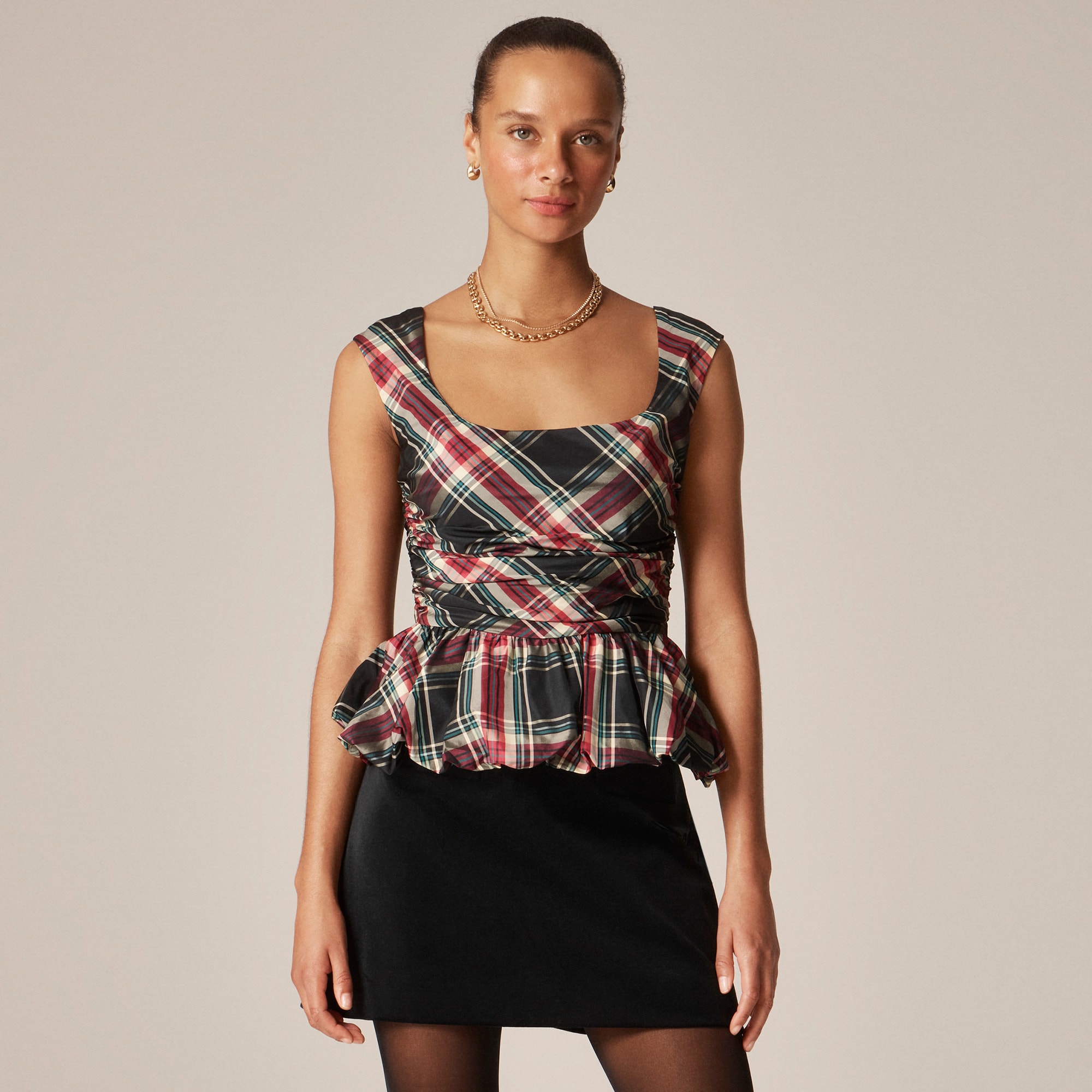 womens Scoopneck bubble-hem tank top in tartan