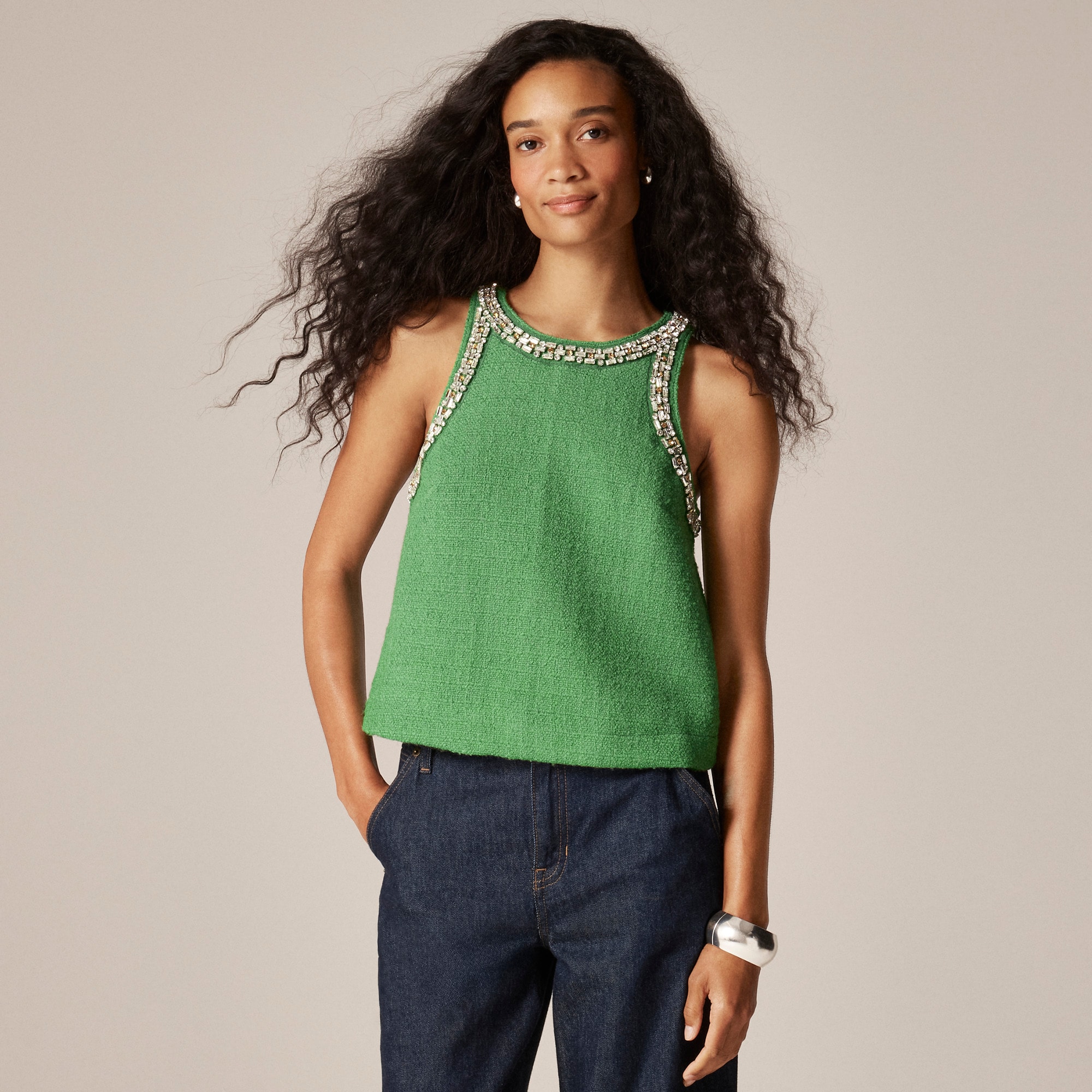 Embellished tweed tank top