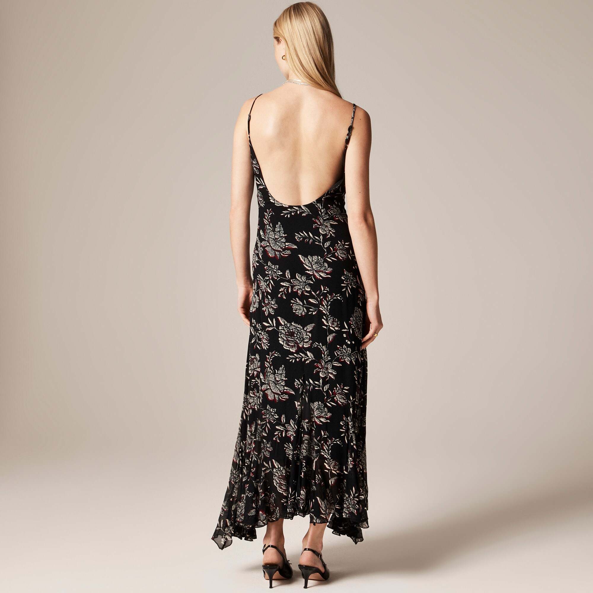 Flounce-hem slip dress in floral chiffon