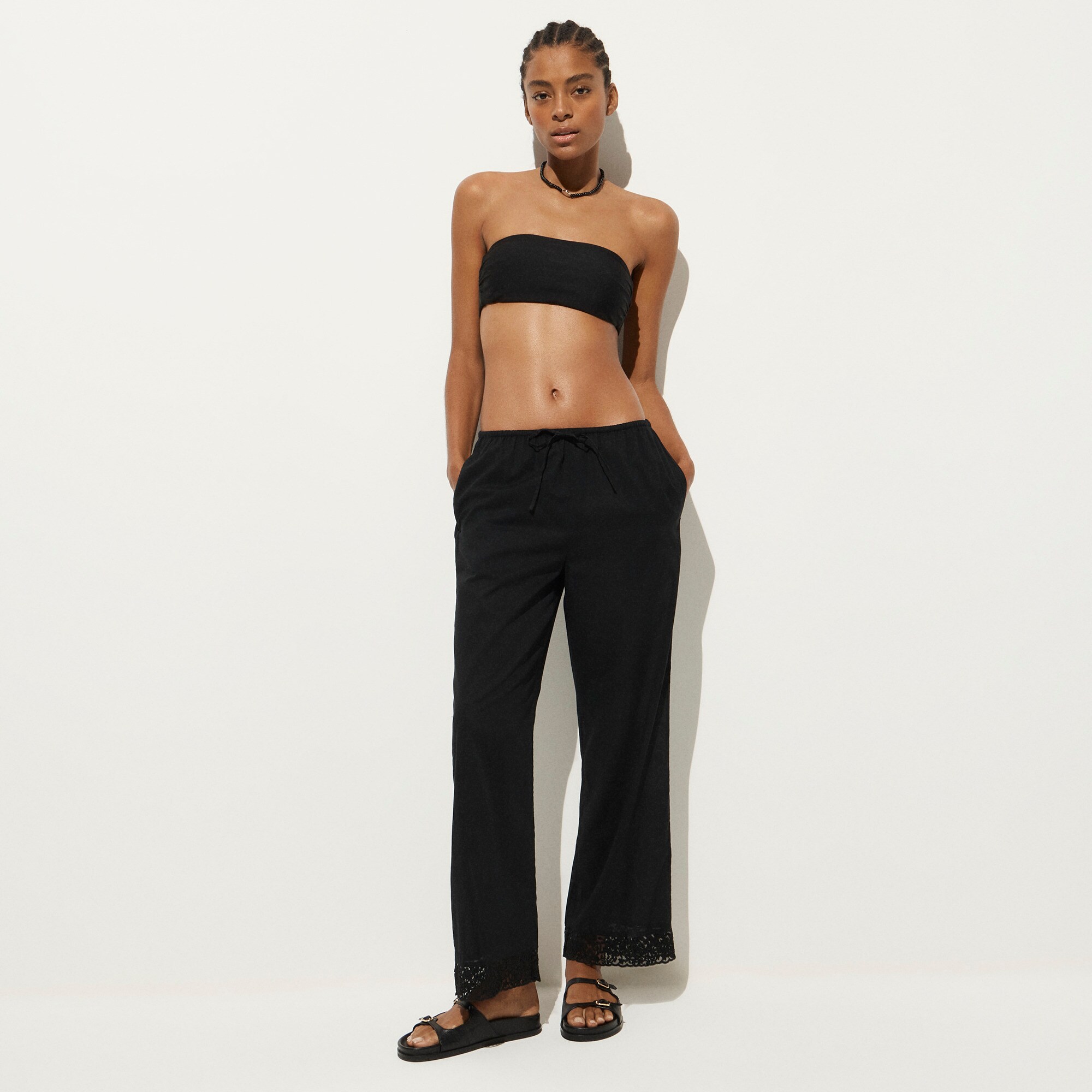 Cotton voile beach pant with lace trim