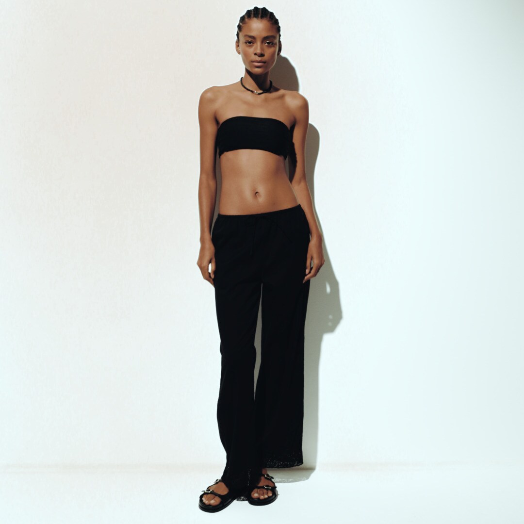 Cotton voile beach pant with lace trim