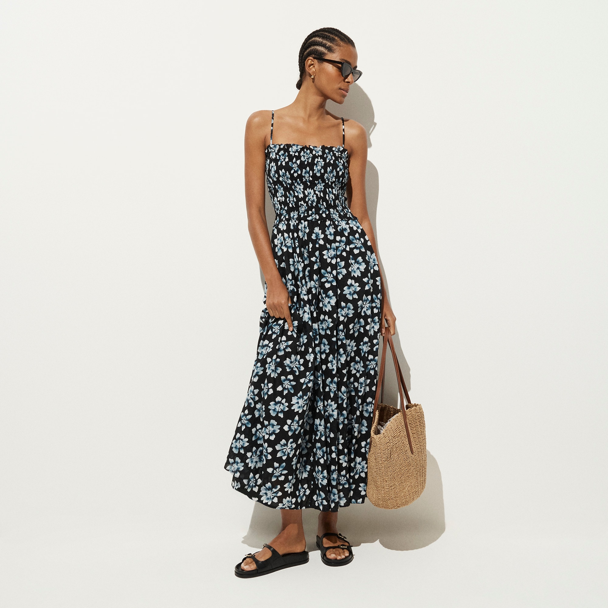 Smocked maxi dress in cotton voile floral print