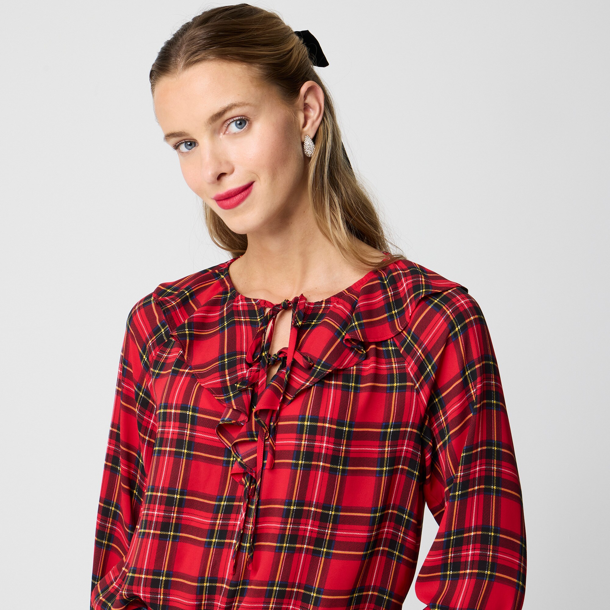 Tartan ruffle tie-front top