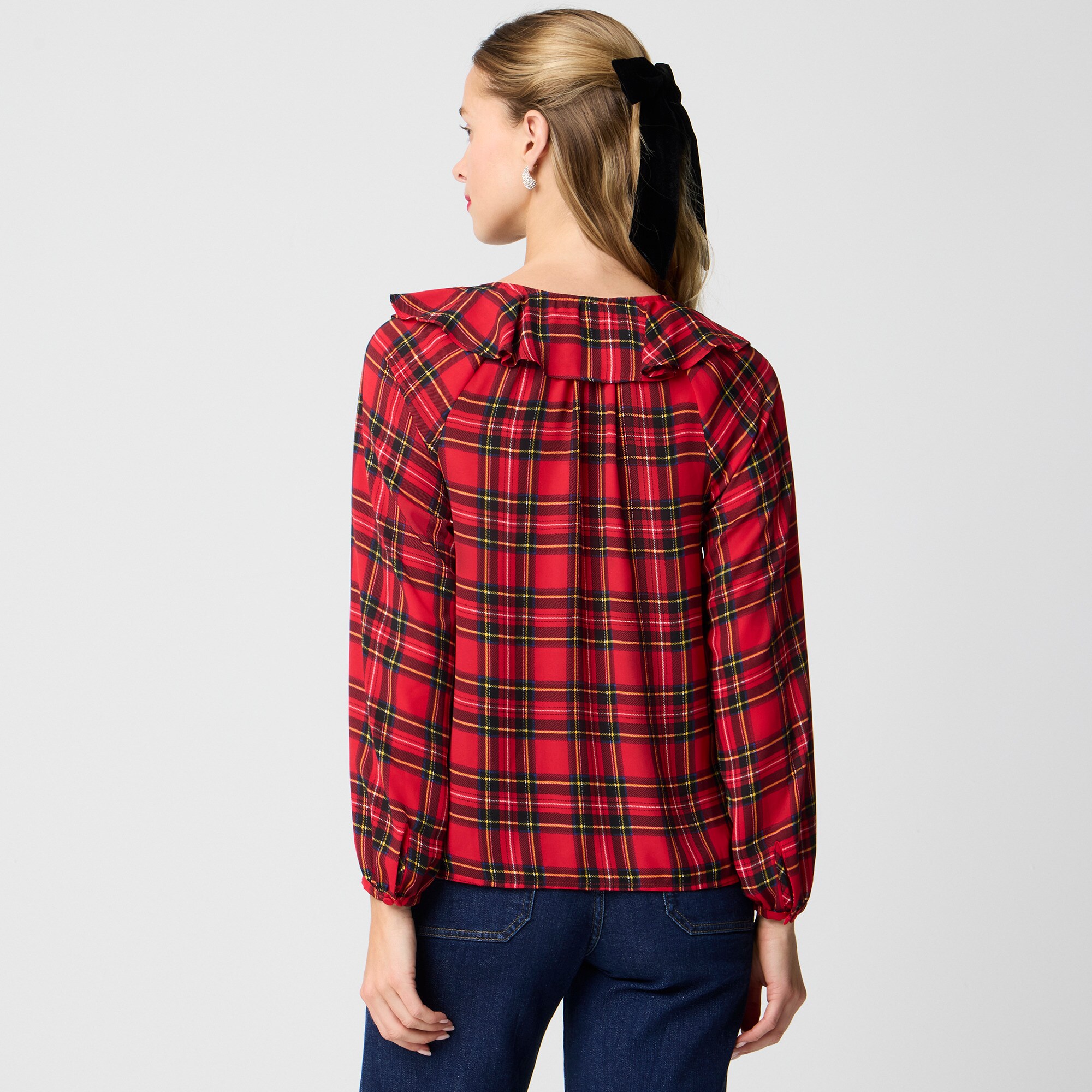 Tartan ruffle tie-front top