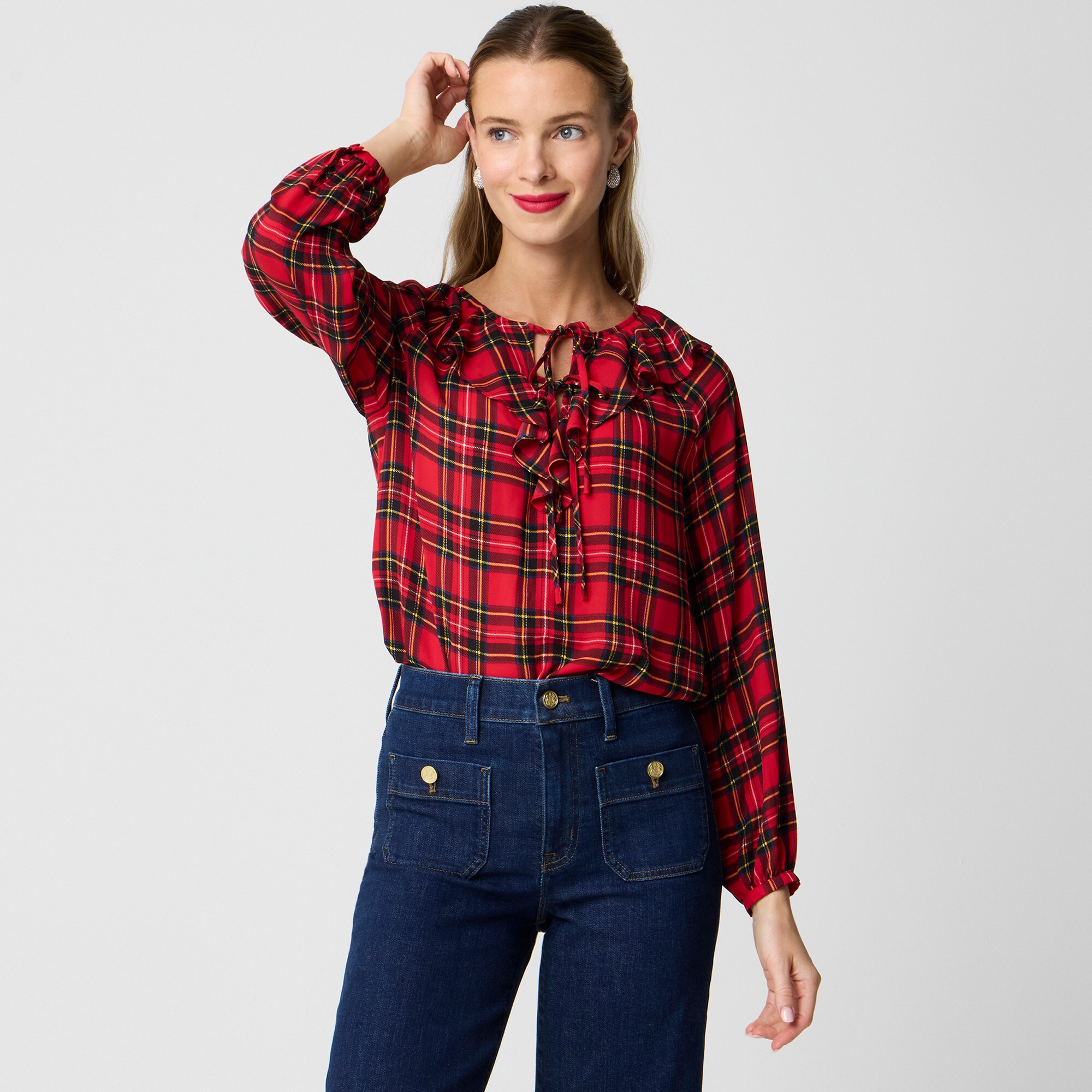  Tartan ruffle tie-front top