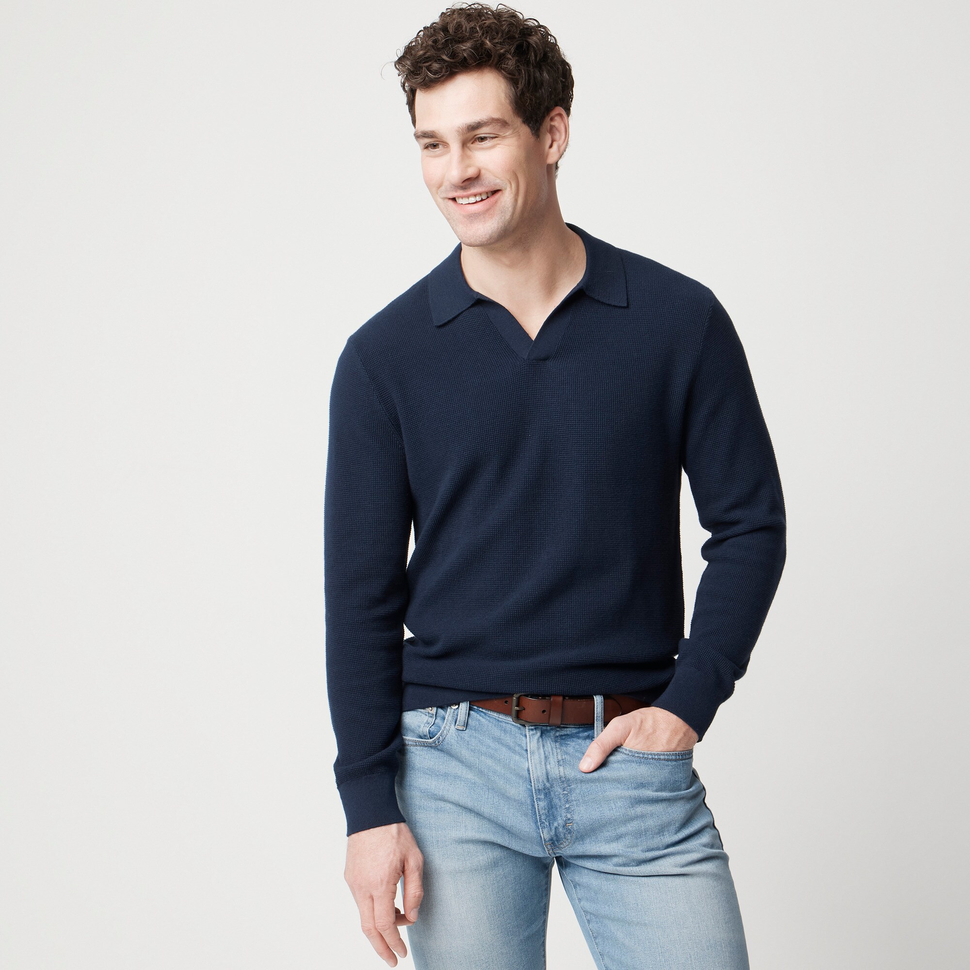 mens Cotton waffle johnny-collar sweater-polo