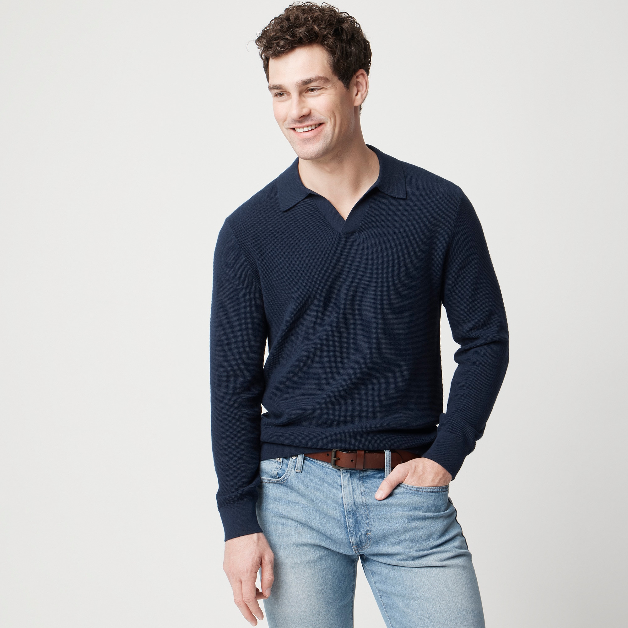 mens Cotton waffle johnny-collar sweater-polo