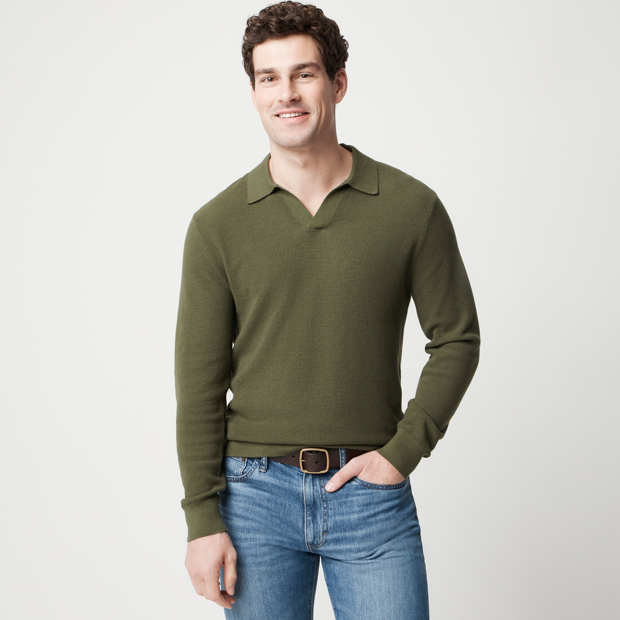 mens Cotton waffle johnny-collar sweater-polo
