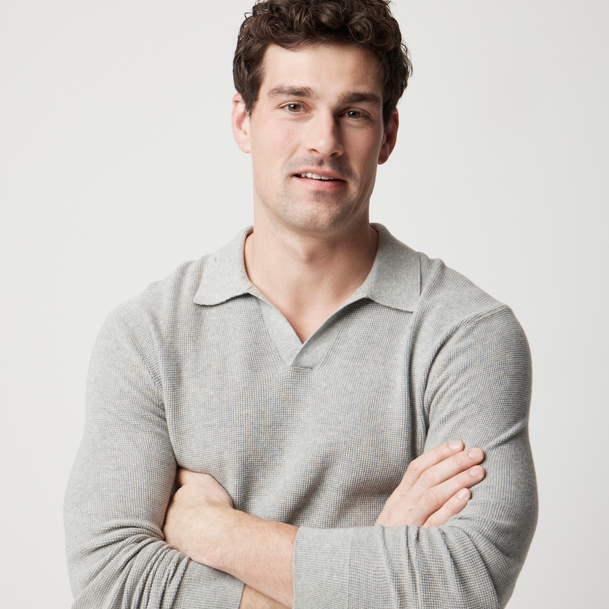 Cotton waffle johnny-collar sweater-polo