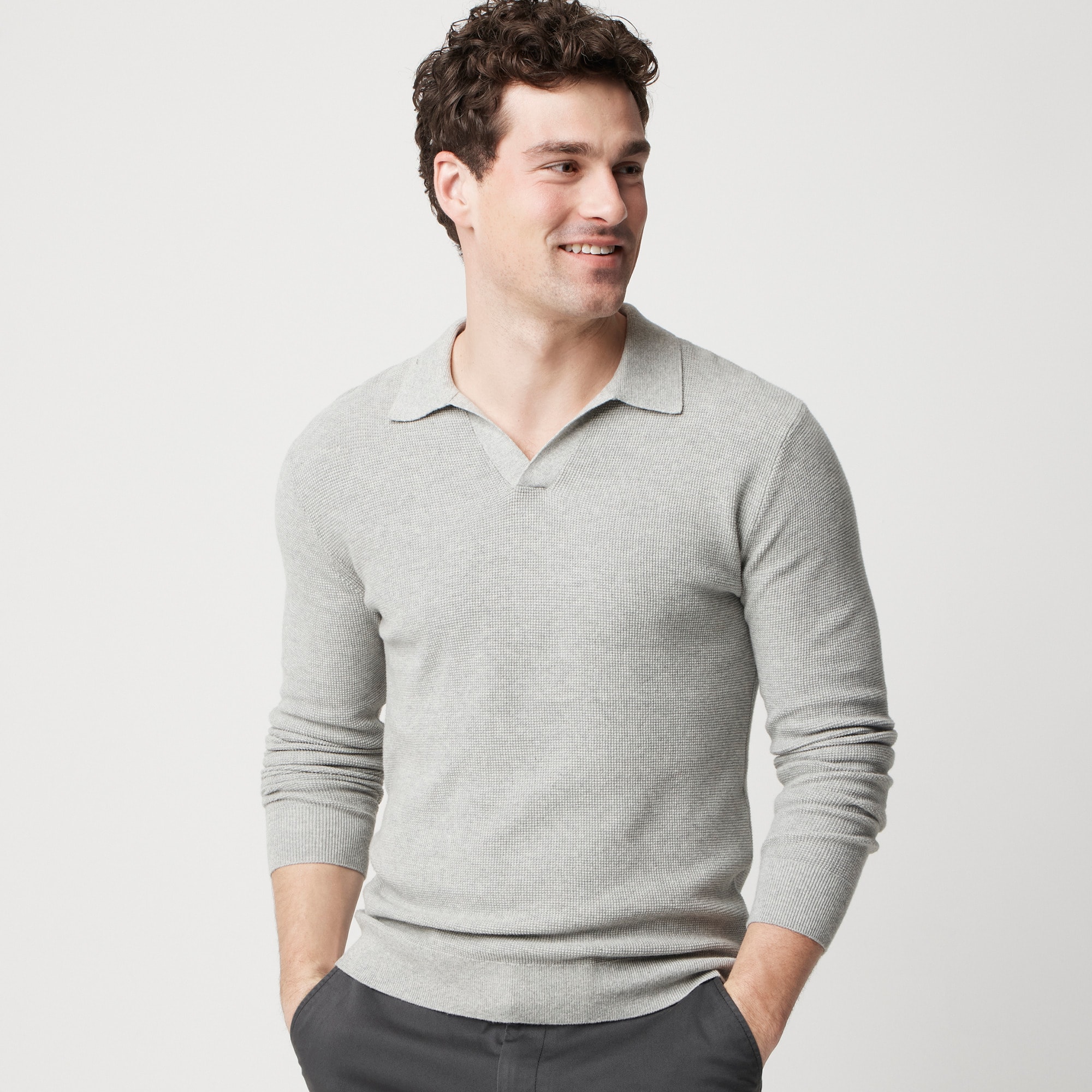 Cotton waffle johnny-collar sweater-polo