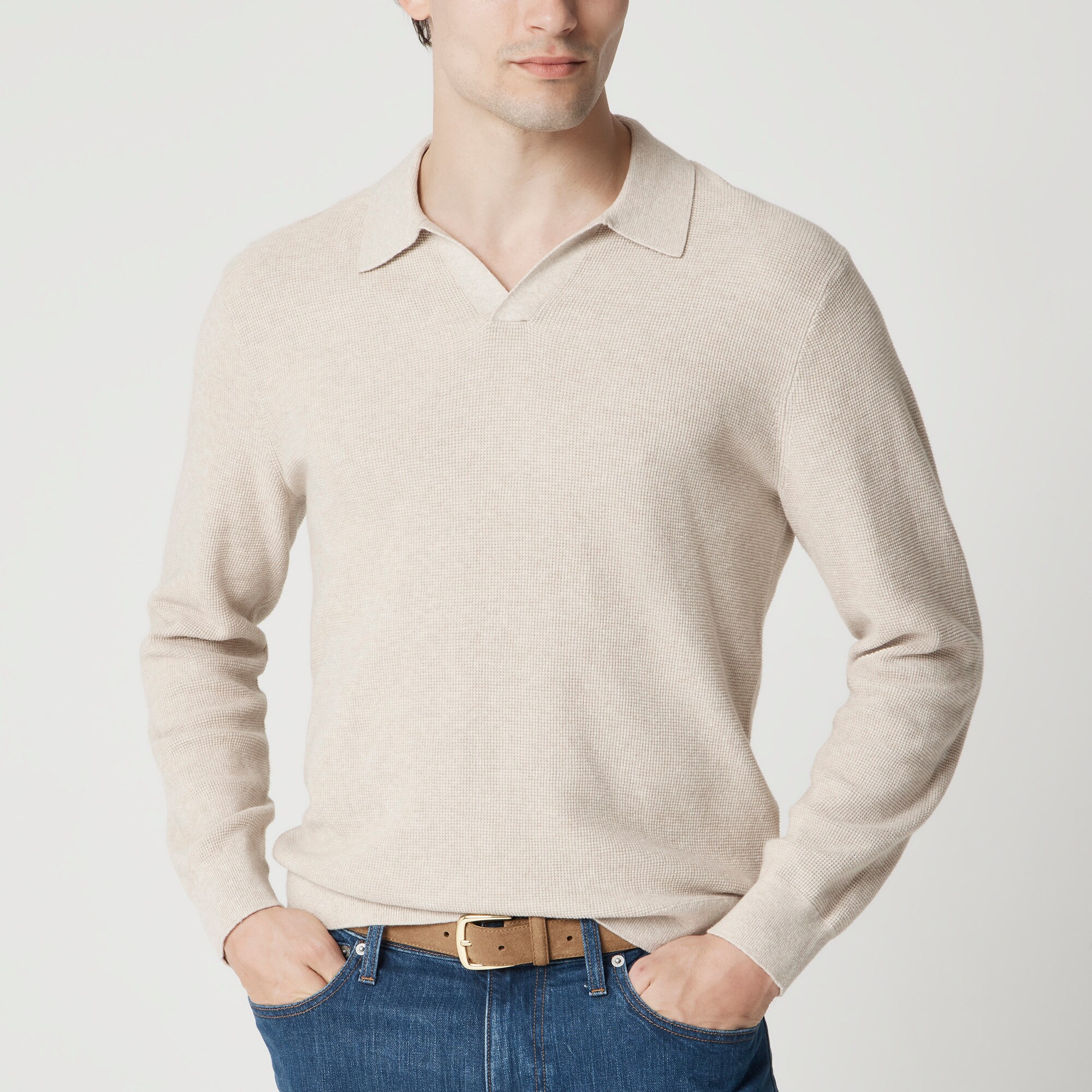 Cotton waffle johnny-collar sweater-polo