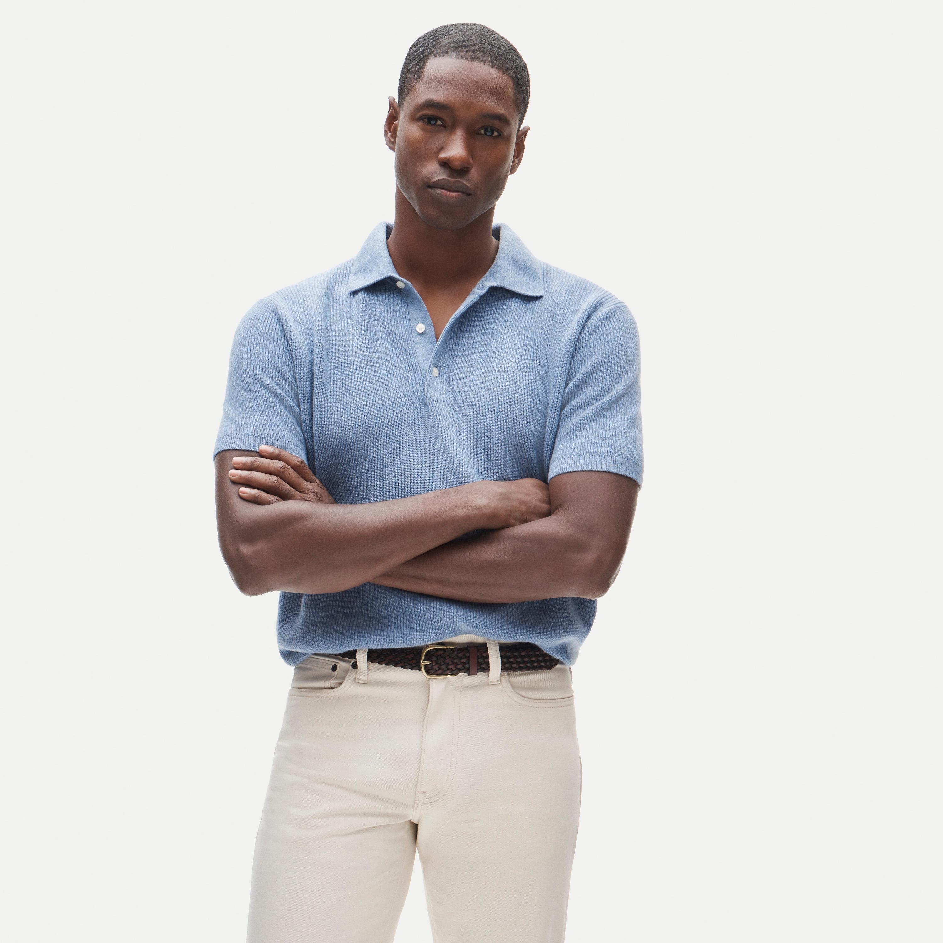 Short-sleeve cashmere rib-knit sweater-polo