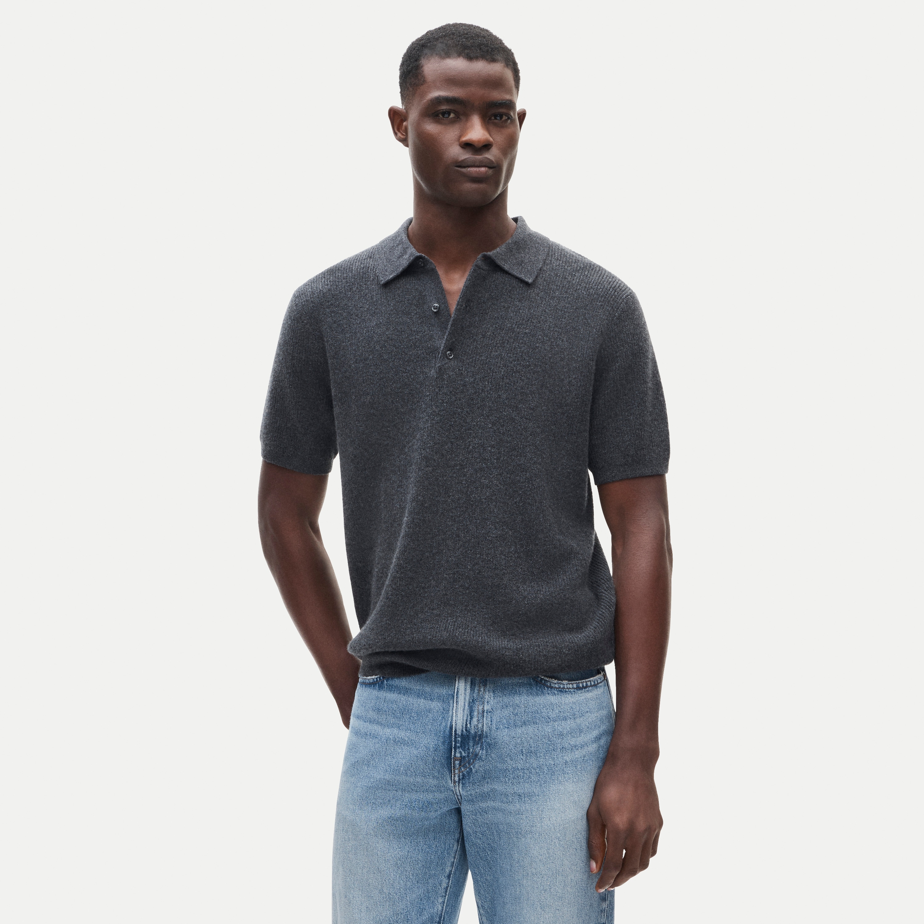 Short-sleeve cashmere rib-knit sweater-polo