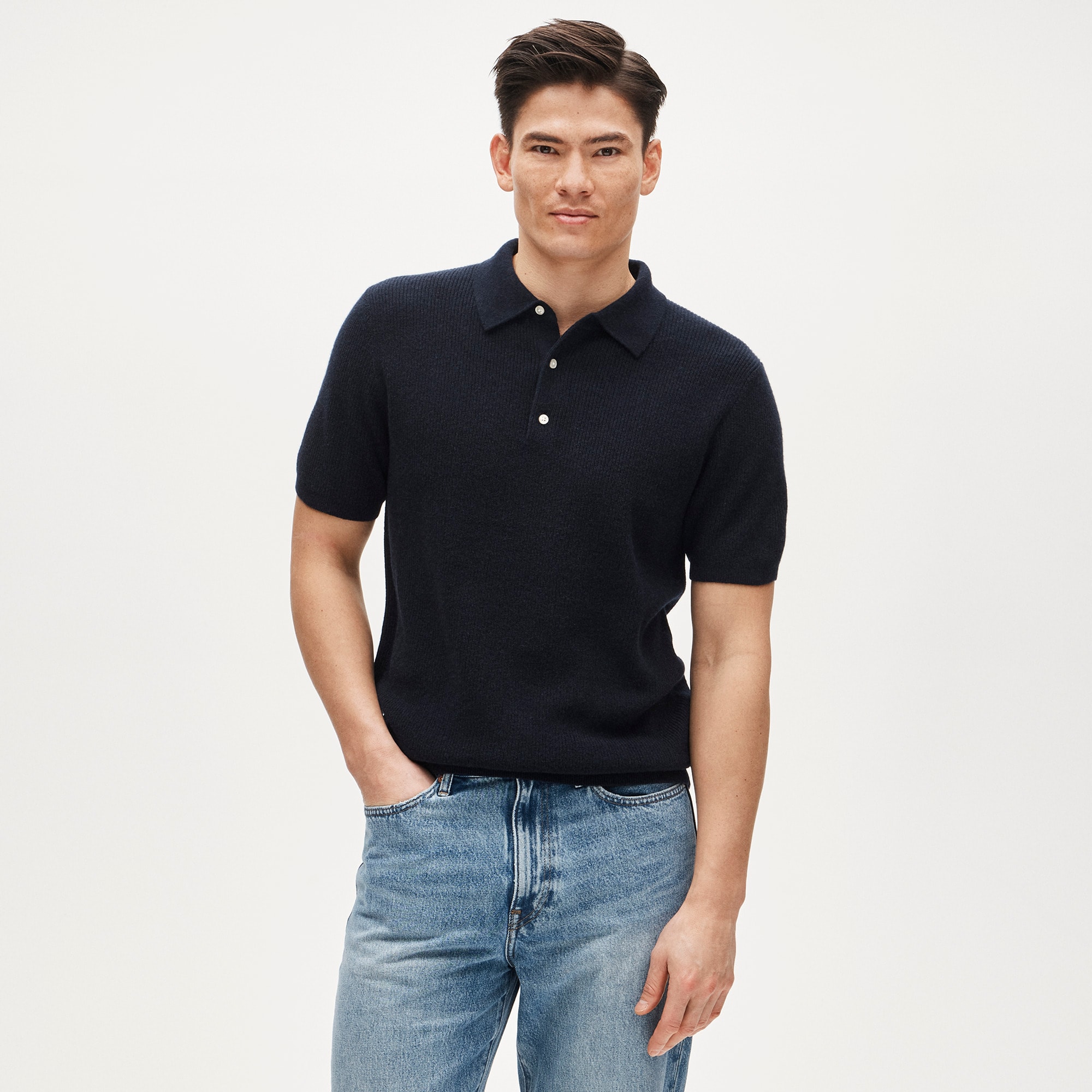 Short-sleeve cashmere rib-knit sweater-polo