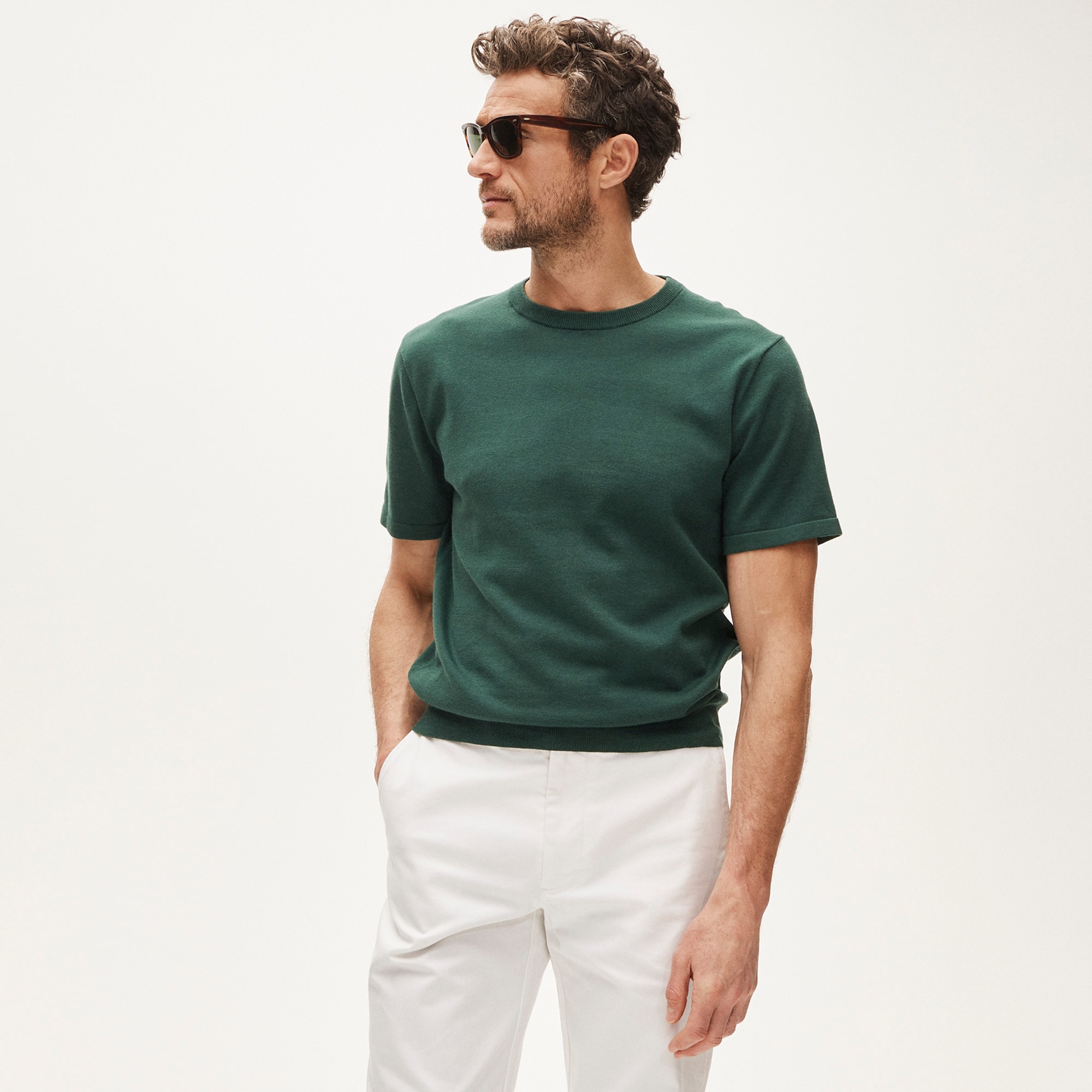 Short-sleeve crewneck sweater in Pima cotton