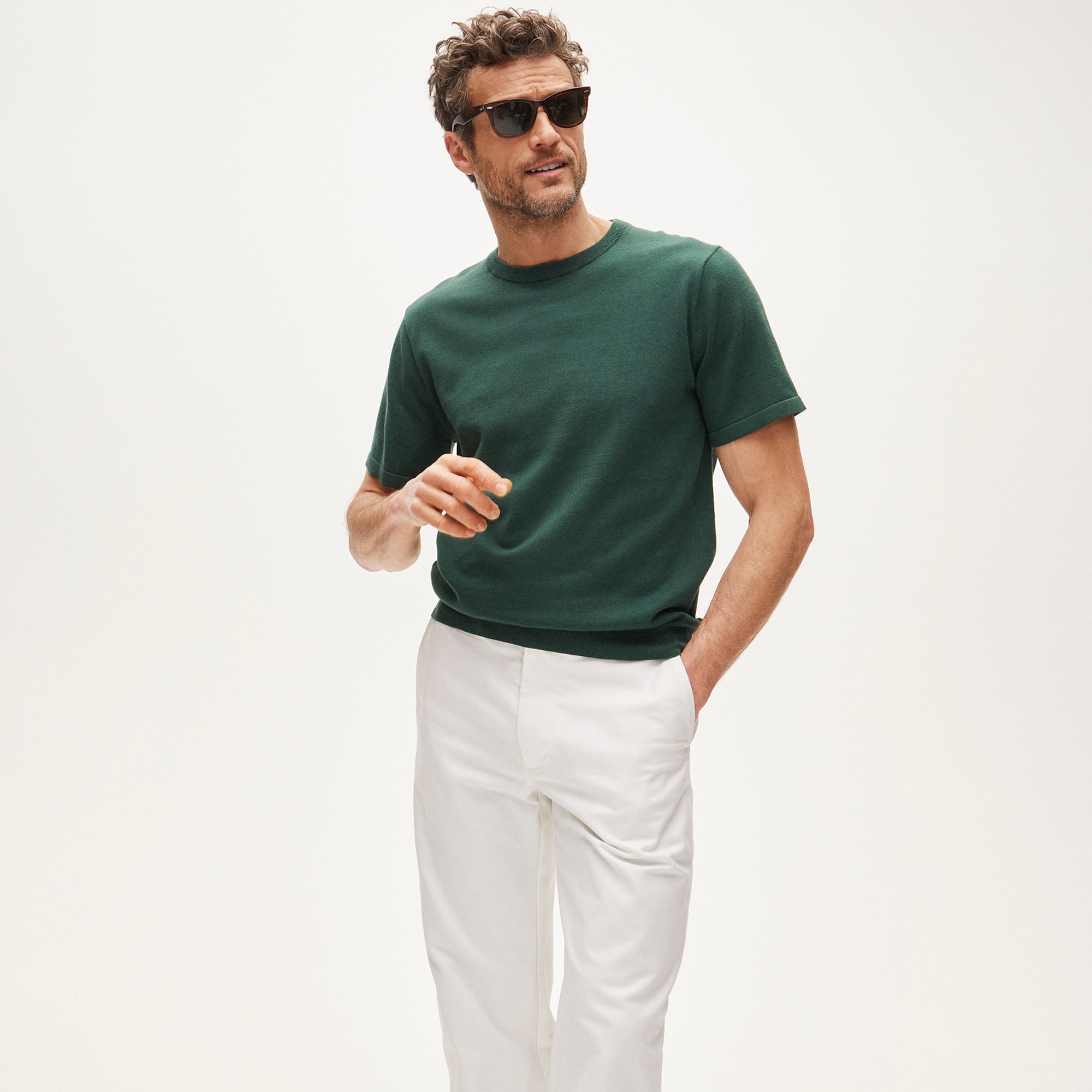 Short-sleeve crewneck sweater in Pima cotton