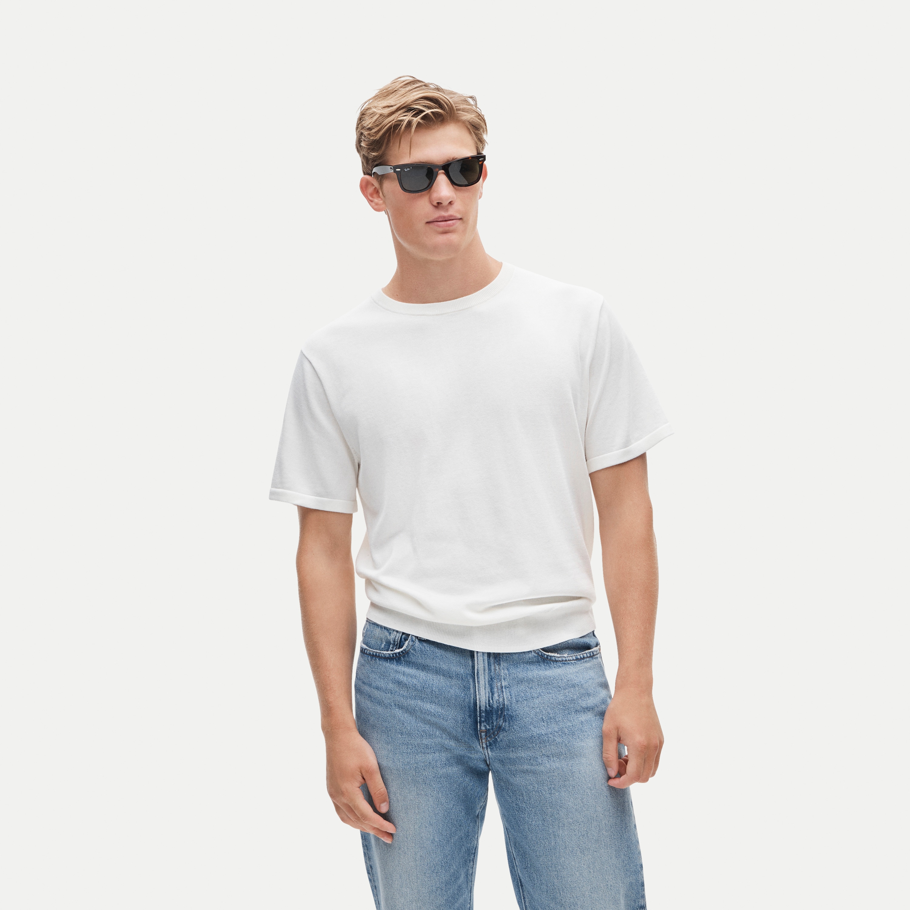 Short-sleeve crewneck sweater in Pima cotton