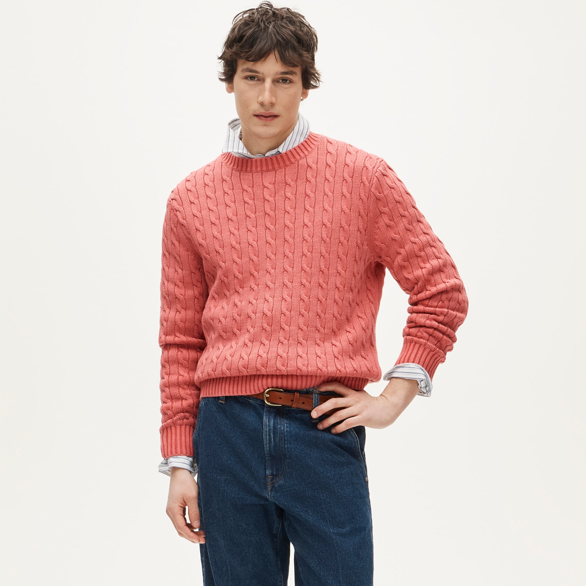 Garment-dyed cable-knit cotton sweater