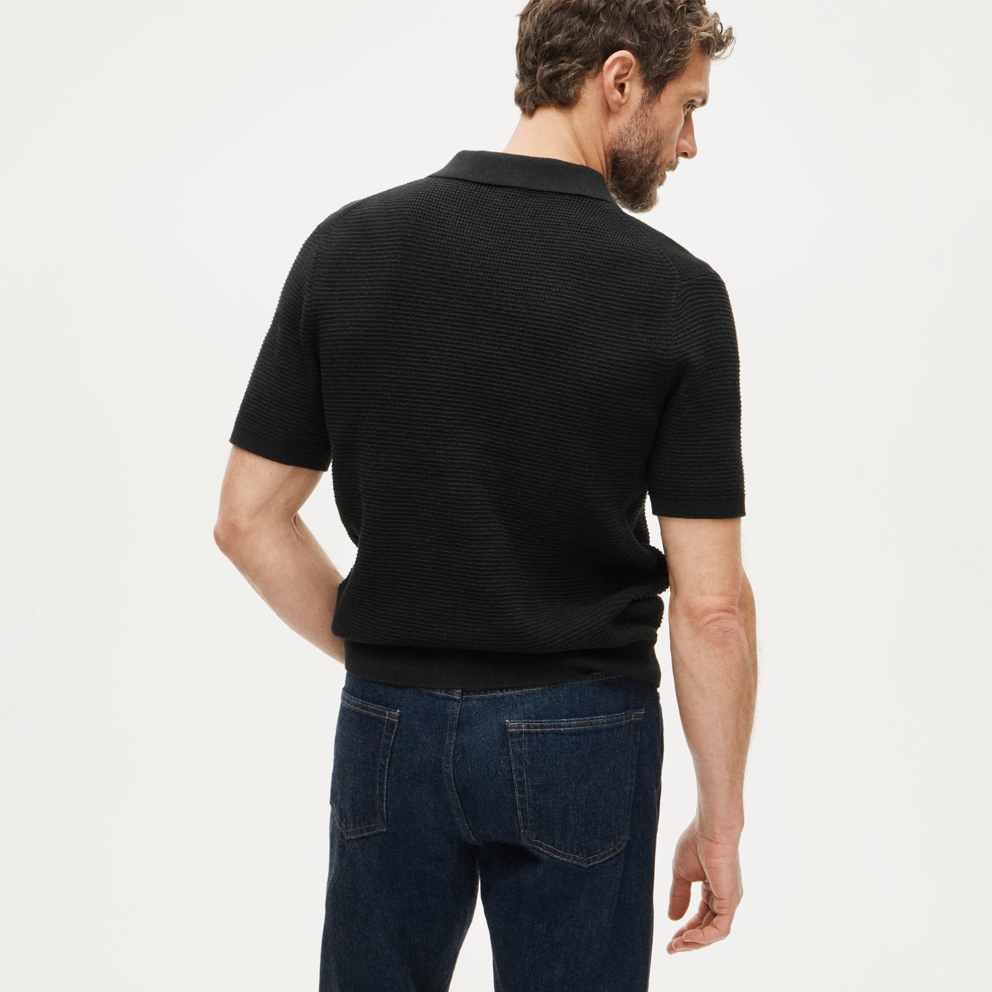 Short-sleeve cotton waffle-knit johnny-collar sweater-polo